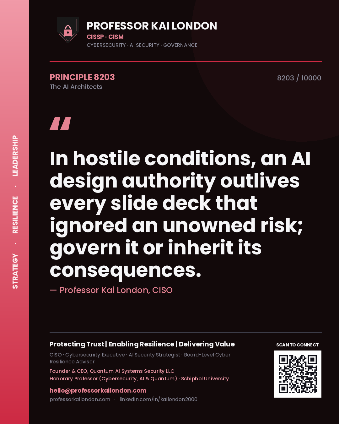 Professor Kai London principle 8203: In hostile conditions, an AI design authority outlives every slide deck that ignored an unowned risk; govern it or inherit its consequences.
