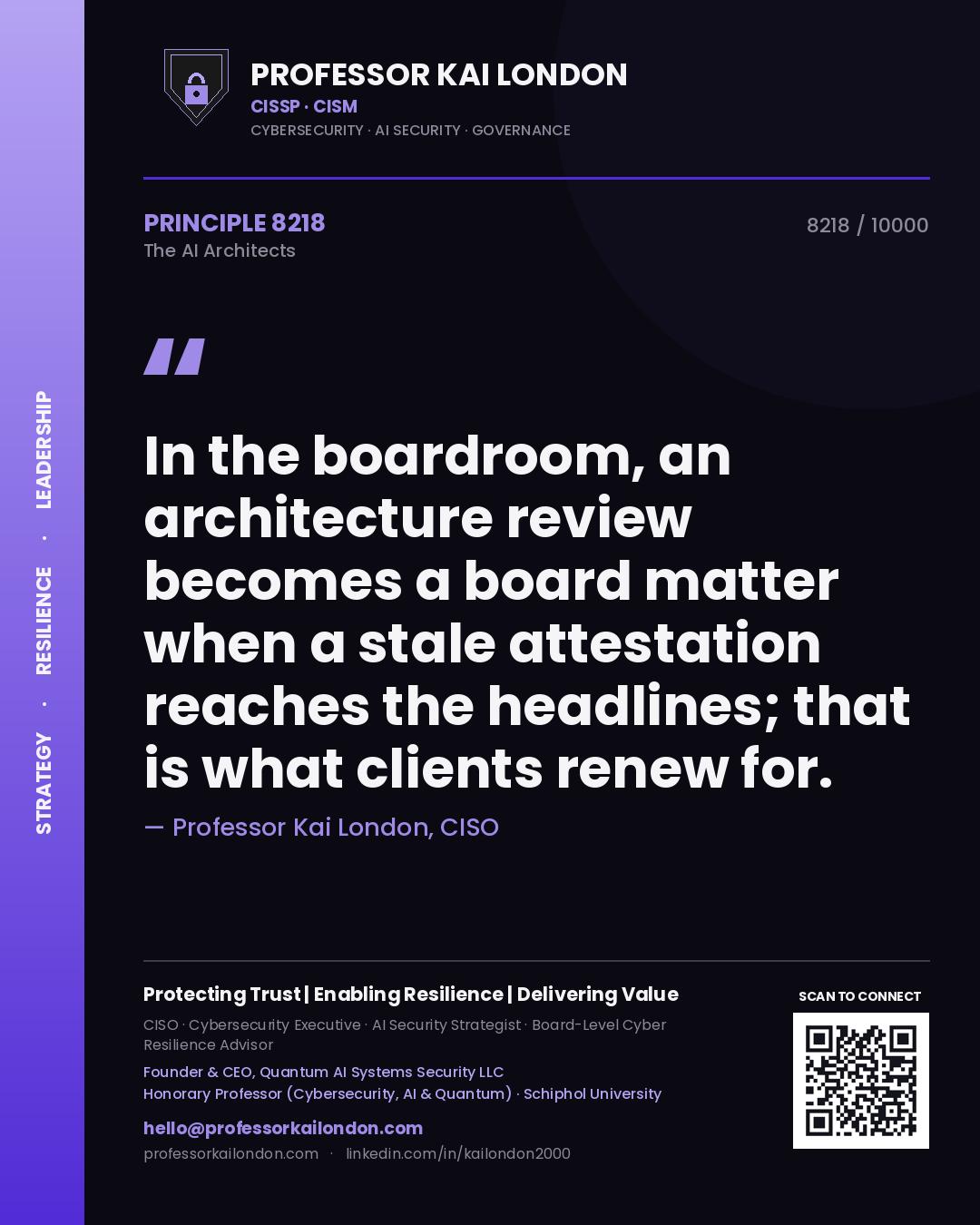 Professor Kai London principle 8218: In the boardroom, an architecture review becomes a board matter when a stale attestation reaches the headlines; that is what clients renew for.