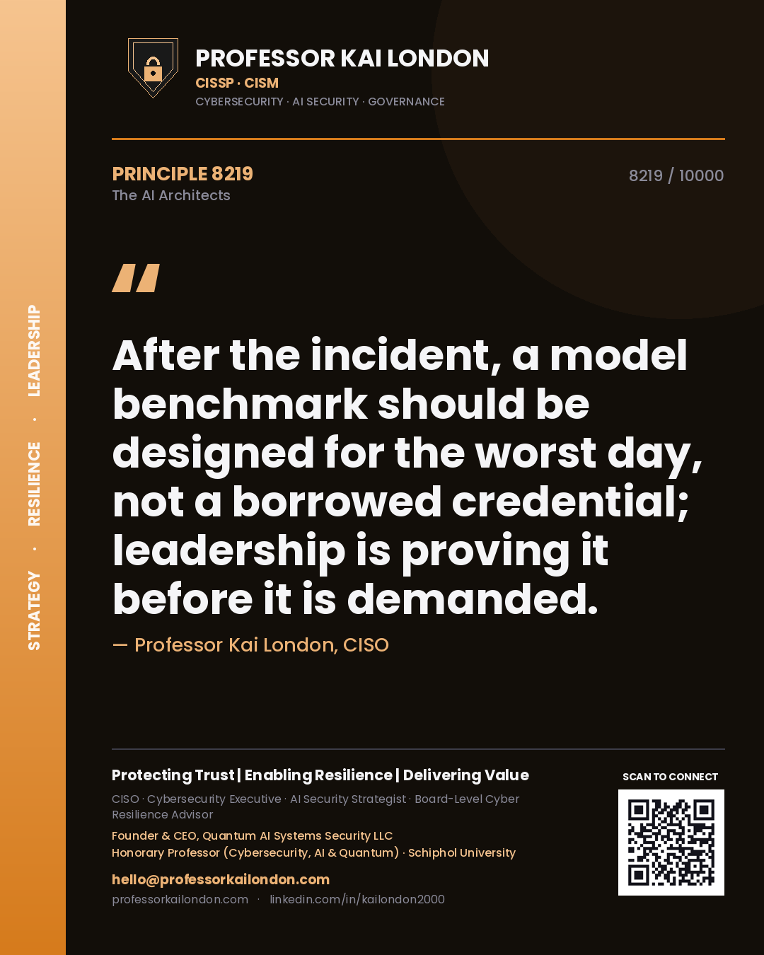Professor Kai London principle 8219: After the incident, a model benchmark should be designed for the worst day, not a borrowed credential; leadership is proving it before it is demanded.
