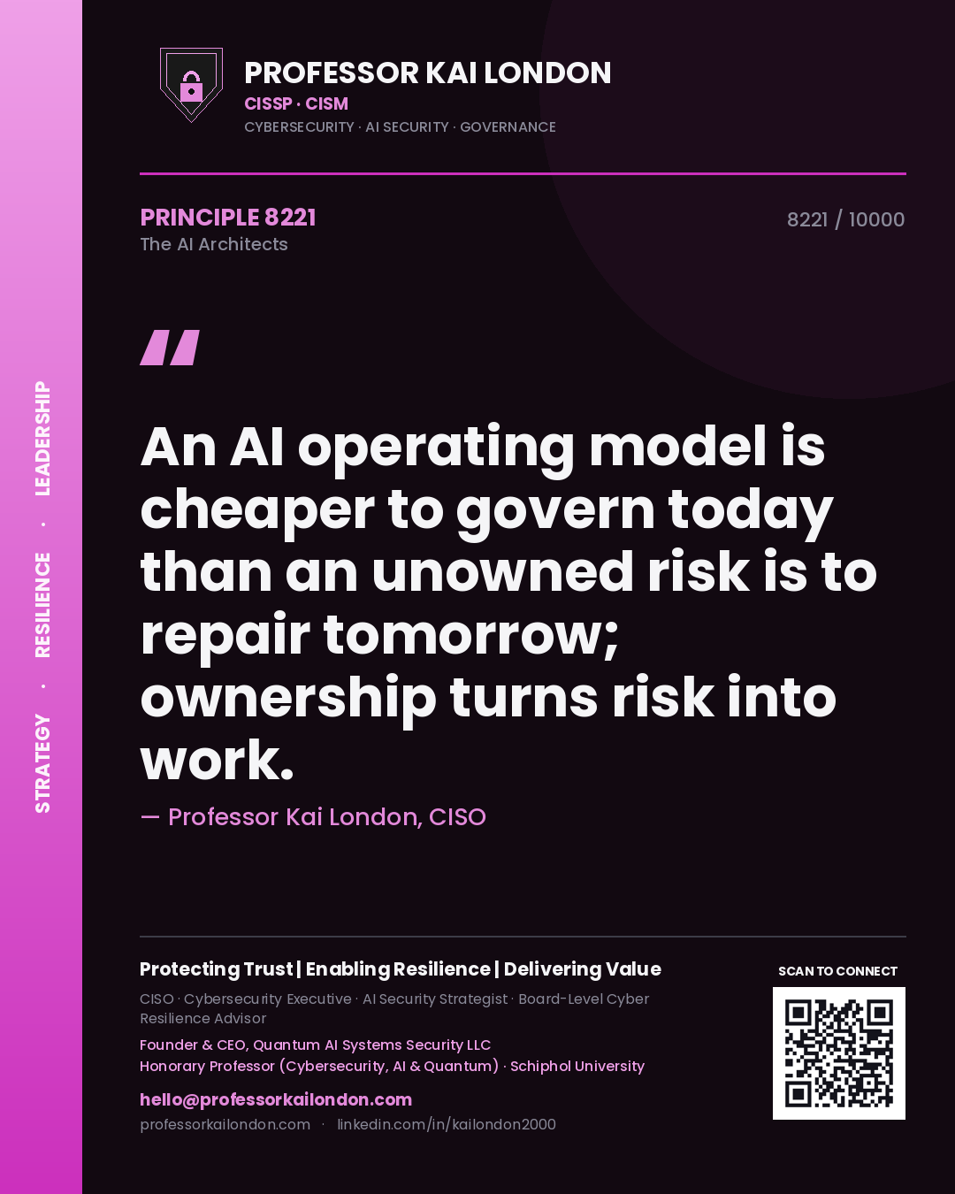 Professor Kai London principle 8221: An AI operating model is cheaper to govern today than an unowned risk is to repair tomorrow; ownership turns risk into work.