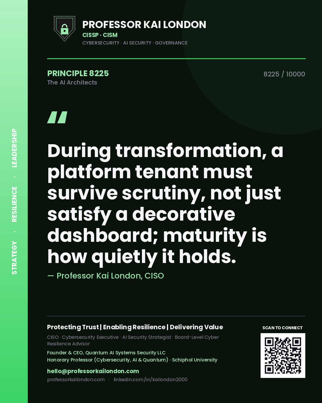 Professor Kai London principle 8225: During transformation, a platform tenant must survive scrutiny, not just satisfy a decorative dashboard; maturity is how quietly it holds.