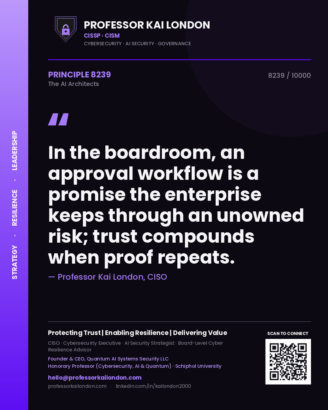 Professor Kai London principle 8239: In the boardroom, an approval workflow is a promise the enterprise keeps through an unowned risk; trust compounds when proof repeats.