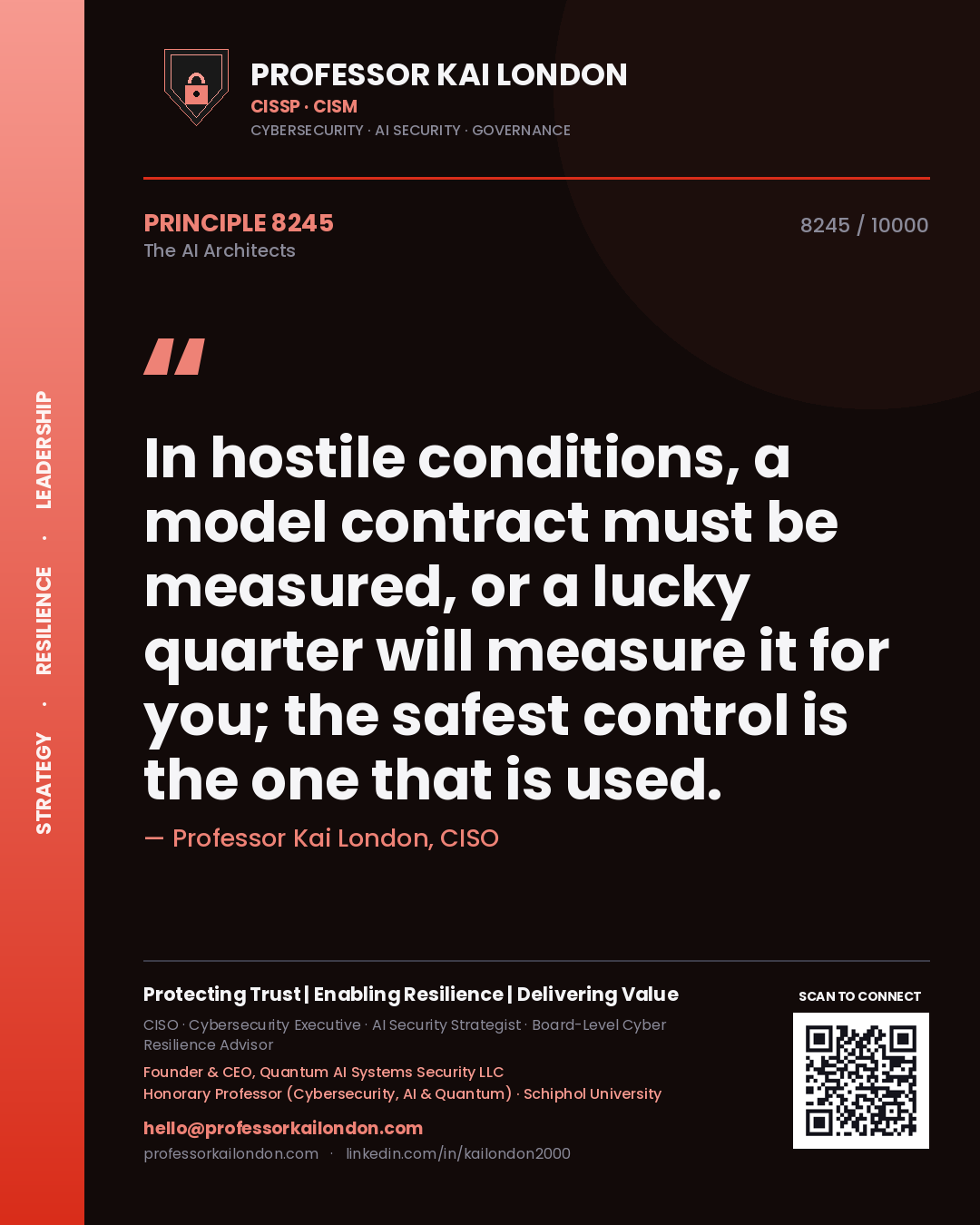 Professor Kai London principle 8245: In hostile conditions, a model contract must be measured, or a lucky quarter will measure it for you; the safest control is the one that is used.