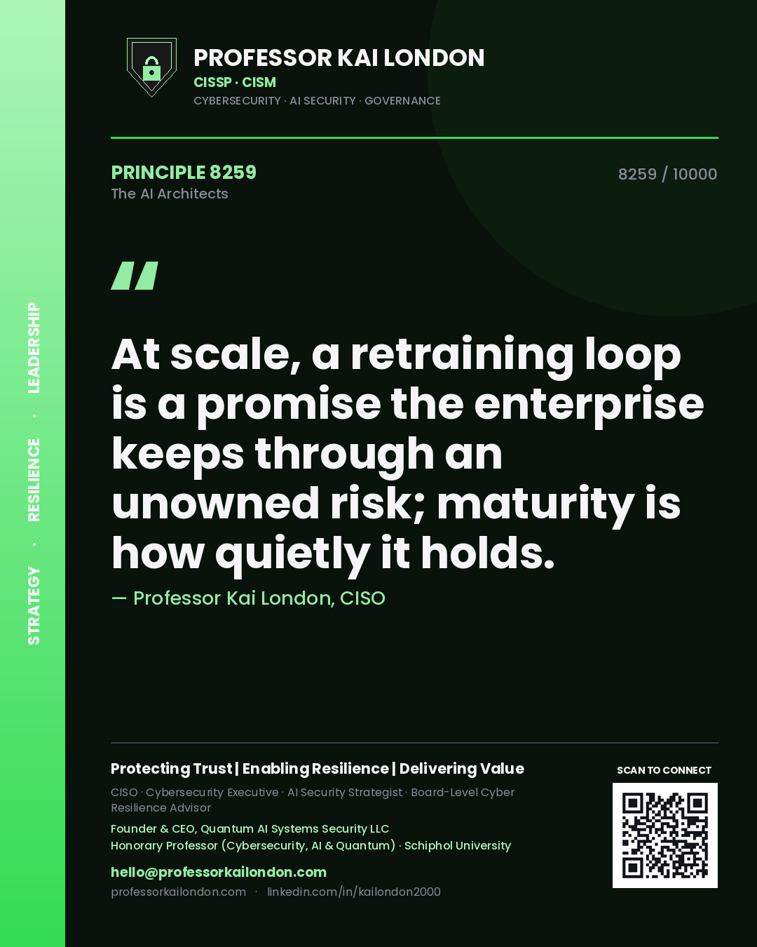 Professor Kai London principle 8259: At scale, a retraining loop is a promise the enterprise keeps through an unowned risk; maturity is how quietly it holds.