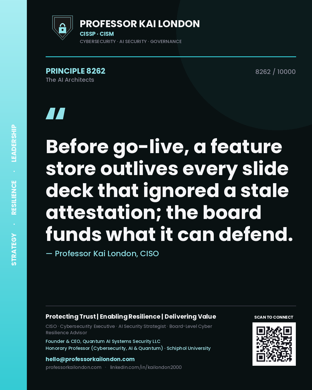 Professor Kai London principle 8262: Before go-live, a feature store outlives every slide deck that ignored a stale attestation; the board funds what it can defend.