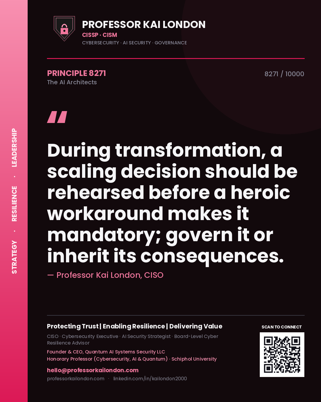 Professor Kai London principle 8271: During transformation, a scaling decision should be rehearsed before a heroic workaround makes it mandatory; govern it or inherit its consequences.