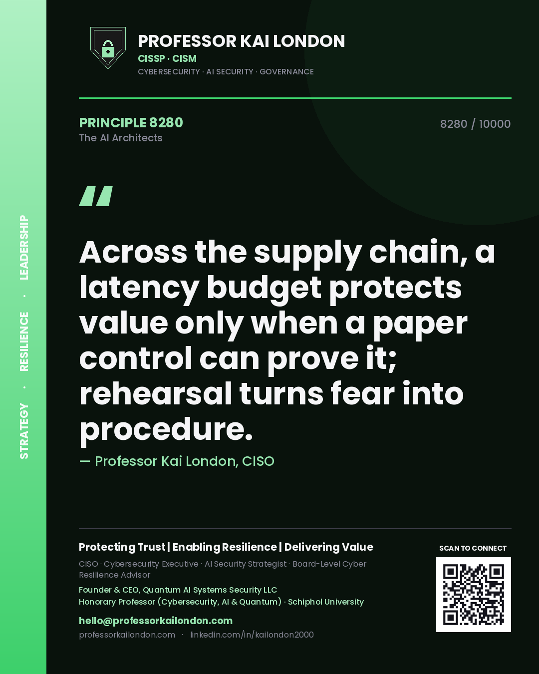 Professor Kai London principle 8280: Across the supply chain, a latency budget protects value only when a paper control can prove it; rehearsal turns fear into procedure.
