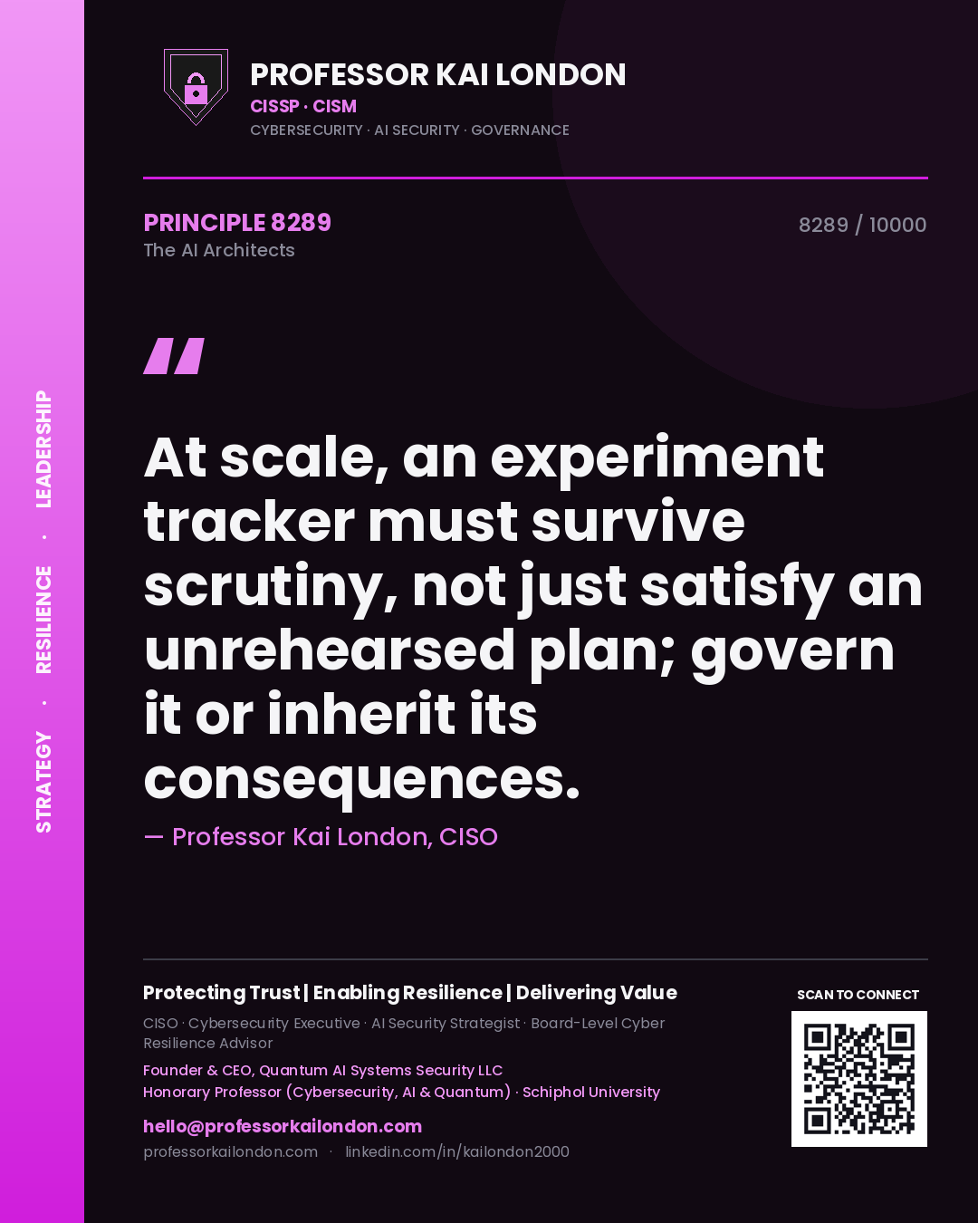 Professor Kai London principle 8289: At scale, an experiment tracker must survive scrutiny, not just satisfy an unrehearsed plan; govern it or inherit its consequences.