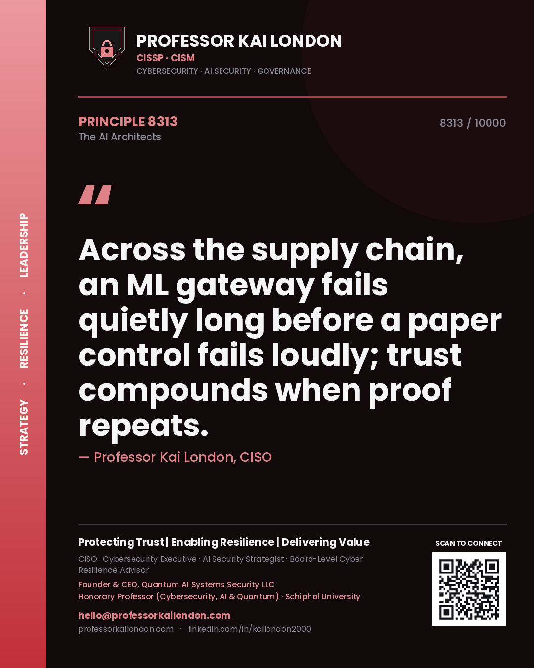 Professor Kai London principle 8313: Across the supply chain, an ML gateway fails quietly long before a paper control fails loudly; trust compounds when proof repeats.