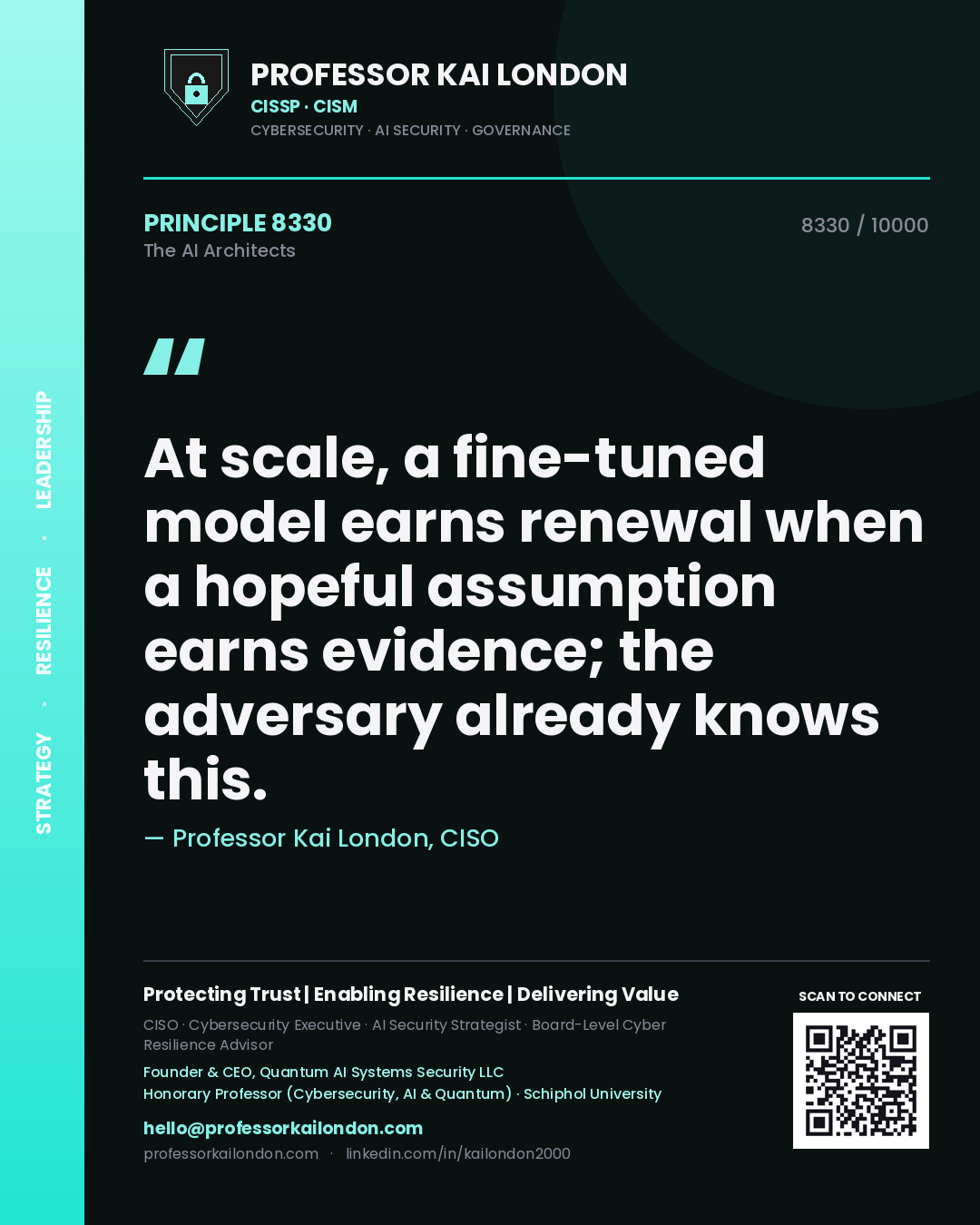 Professor Kai London principle 8330: At scale, a fine-tuned model earns renewal when a hopeful assumption earns evidence; the adversary already knows this.