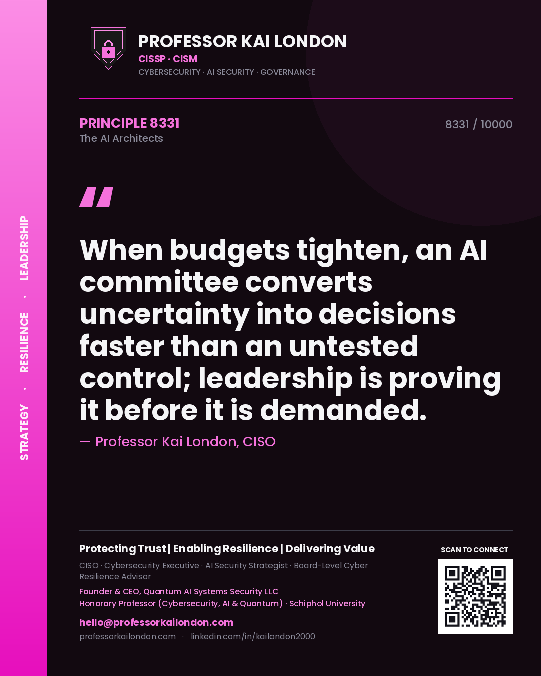 Professor Kai London principle 8331: When budgets tighten, an AI committee converts uncertainty into decisions faster than an untested control; leadership is proving it before it is demanded.