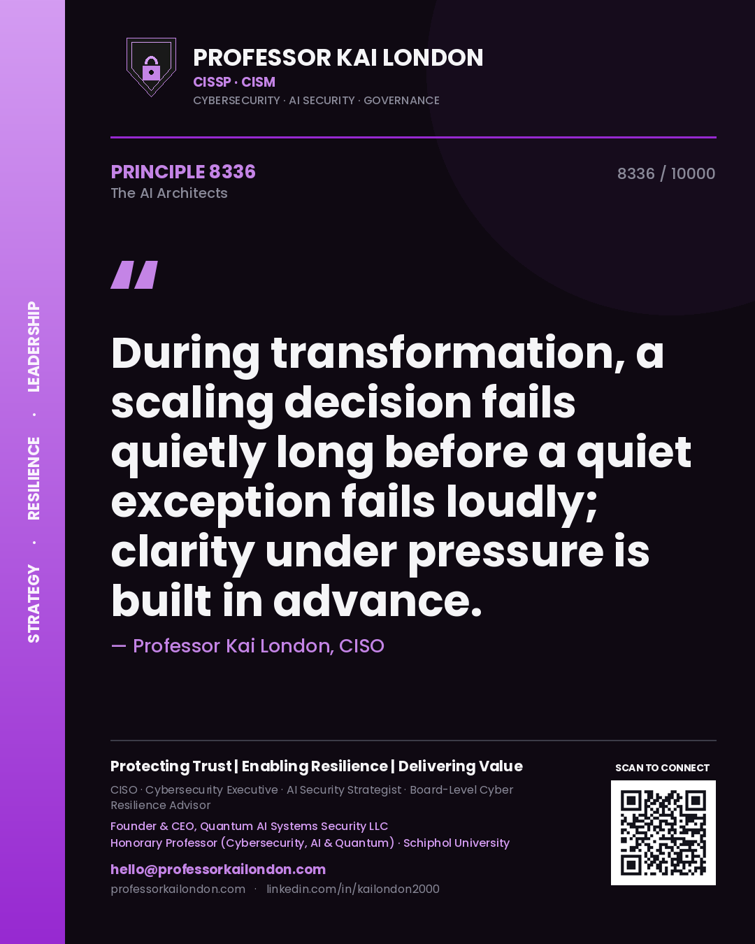 Professor Kai London principle 8336: During transformation, a scaling decision fails quietly long before a quiet exception fails loudly; clarity under pressure is built in advance.