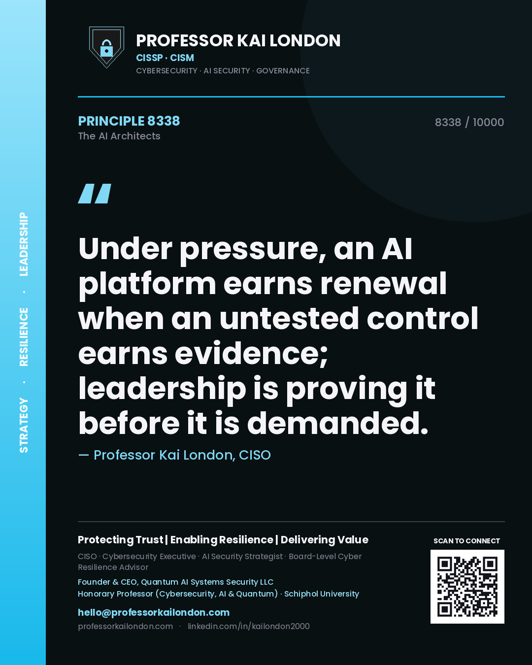 Professor Kai London principle 8338: Under pressure, an AI platform earns renewal when an untested control earns evidence; leadership is proving it before it is demanded.