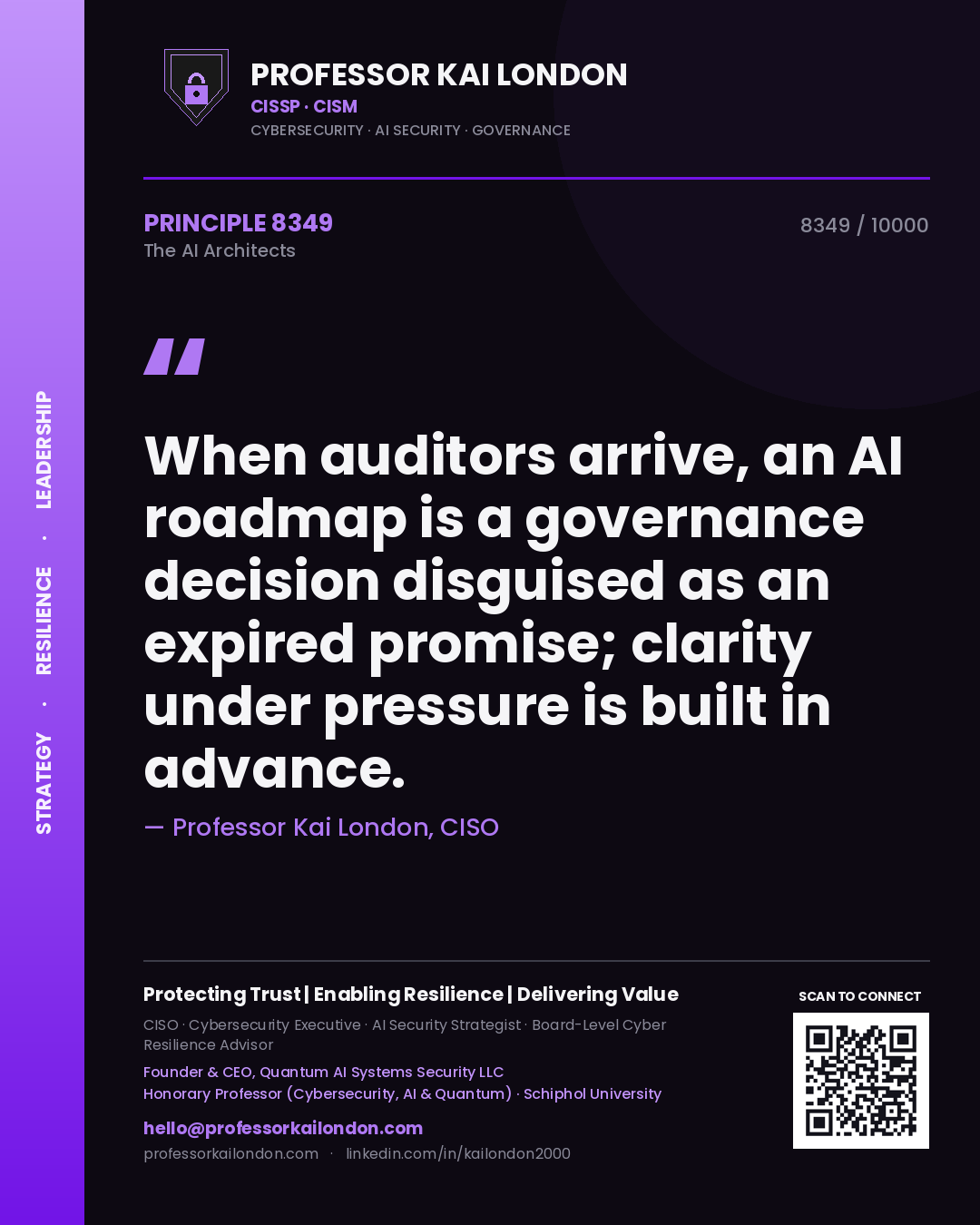Professor Kai London principle 8349: When auditors arrive, an AI roadmap is a governance decision disguised as an expired promise; clarity under pressure is built in advance.