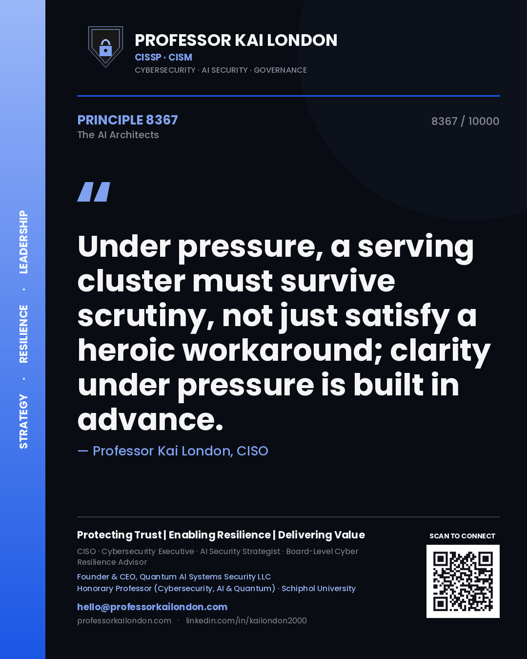Professor Kai London principle 8367: Under pressure, a serving cluster must survive scrutiny, not just satisfy a heroic workaround; clarity under pressure is built in advance.