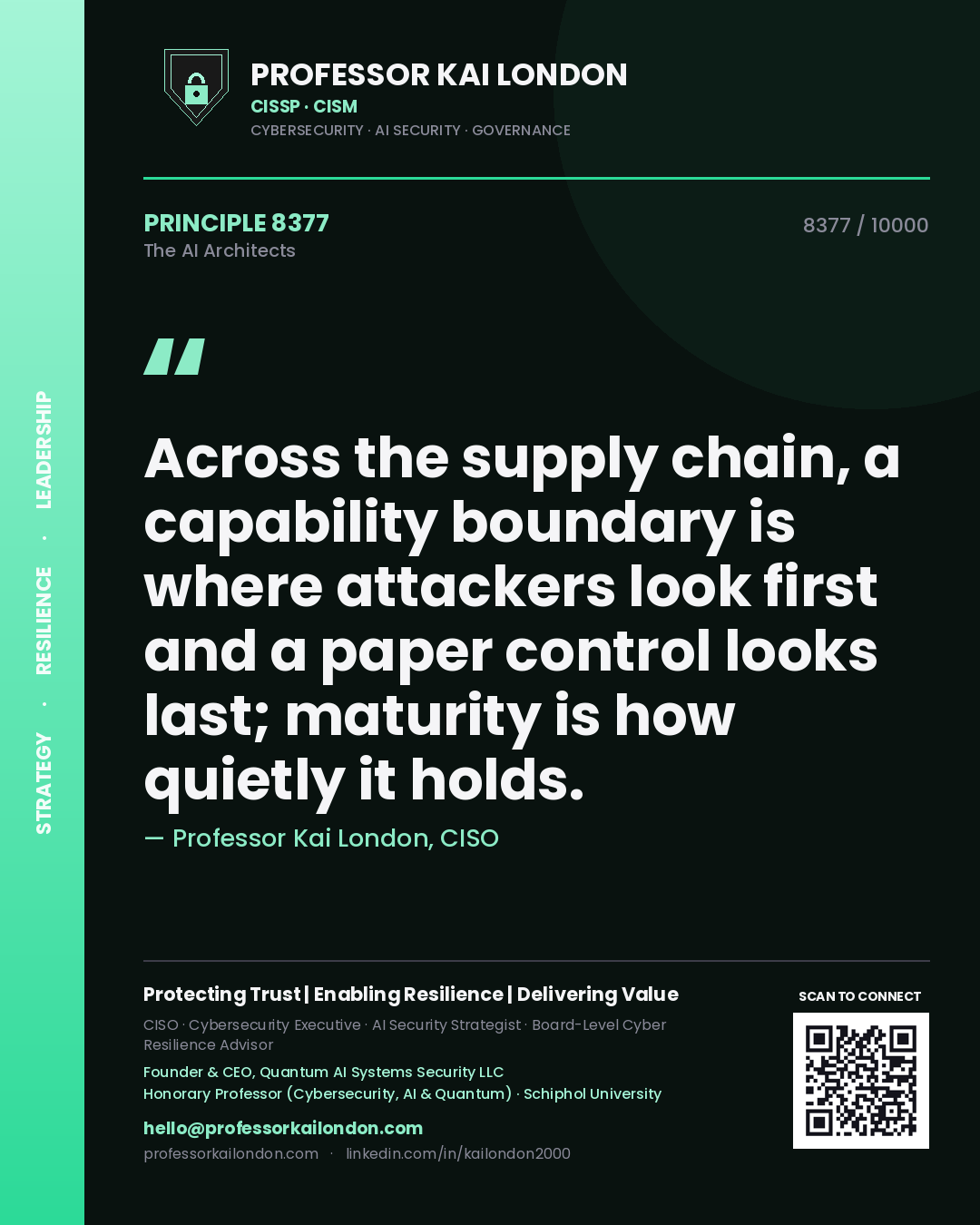 Professor Kai London principle 8377: Across the supply chain, a capability boundary is where attackers look first and a paper control looks last; maturity is how quietly it holds.