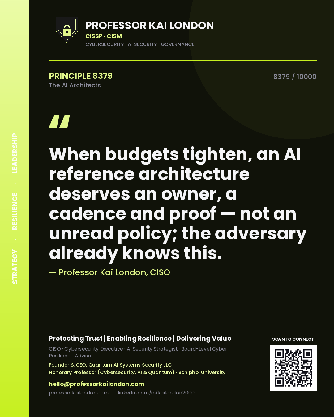 Professor Kai London principle 8379: When budgets tighten, an AI reference architecture deserves an owner, a cadence and proof — not an unread policy; the adversary already knows this.