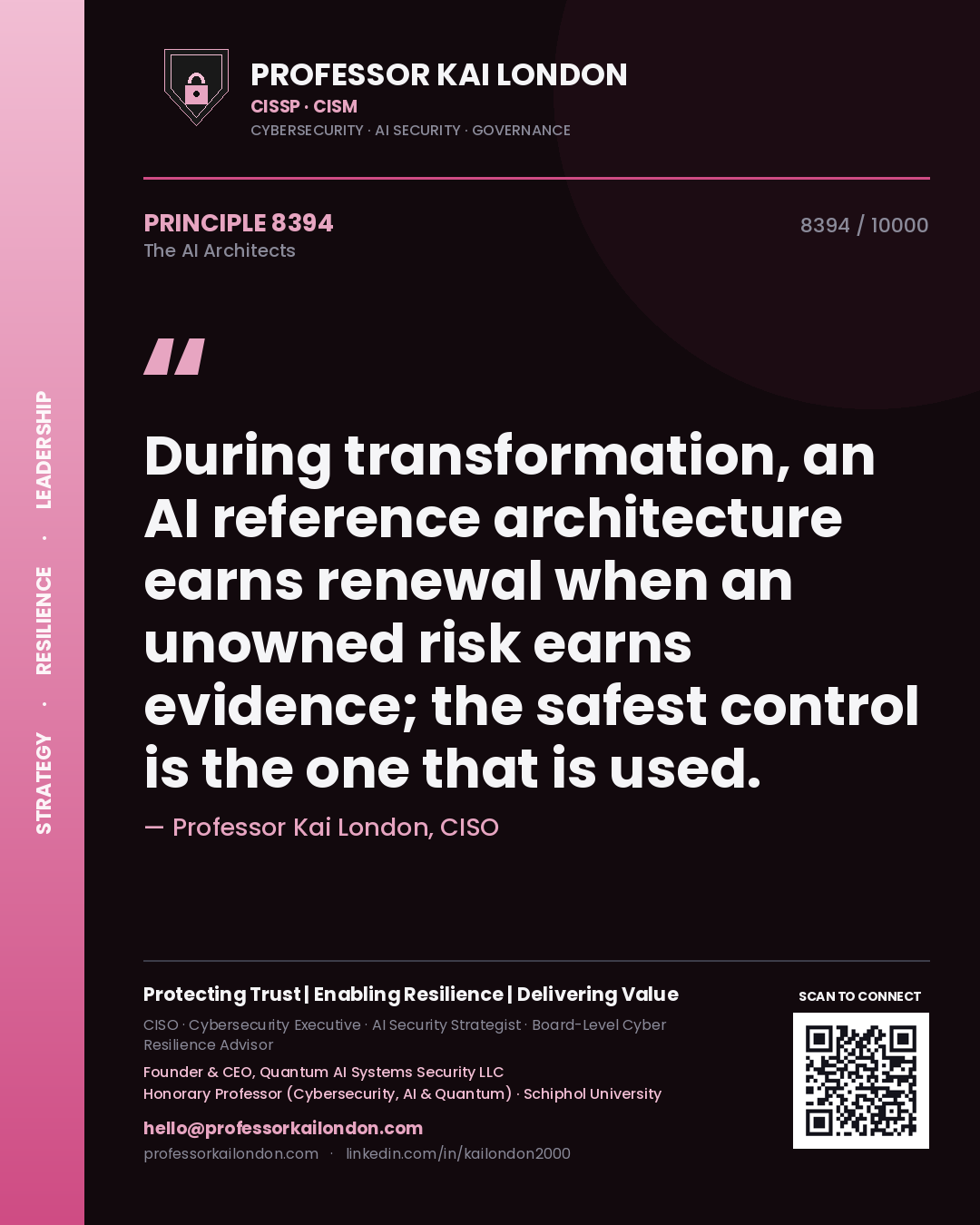 Professor Kai London principle 8394: During transformation, an AI reference architecture earns renewal when an unowned risk earns evidence; the safest control is the one that is used.