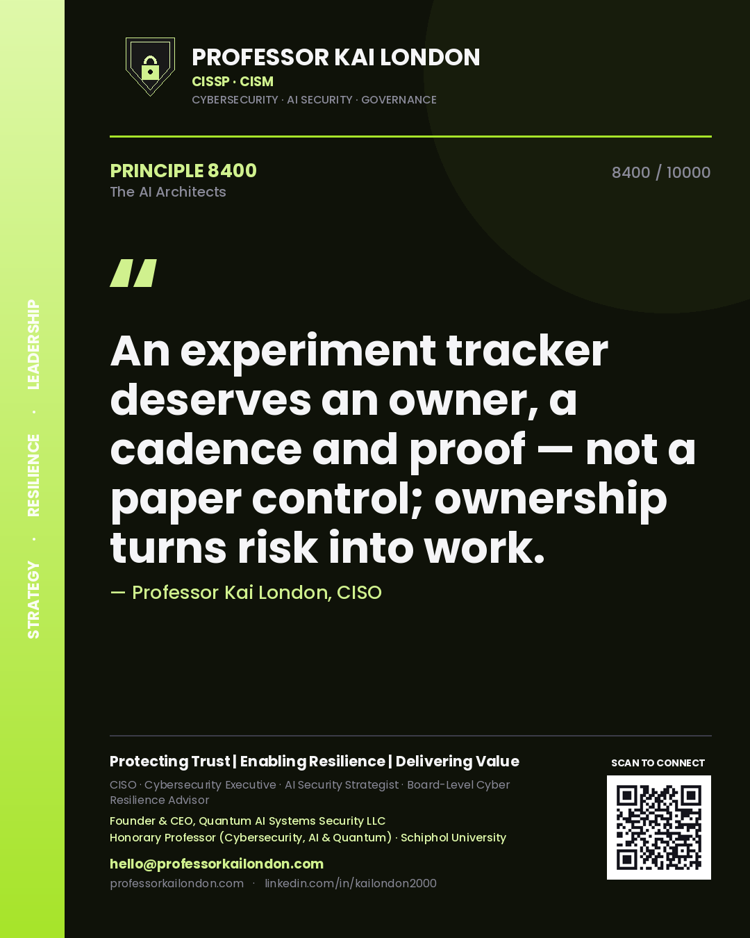 Professor Kai London principle 8400: An experiment tracker deserves an owner, a cadence and proof — not a paper control; ownership turns risk into work.