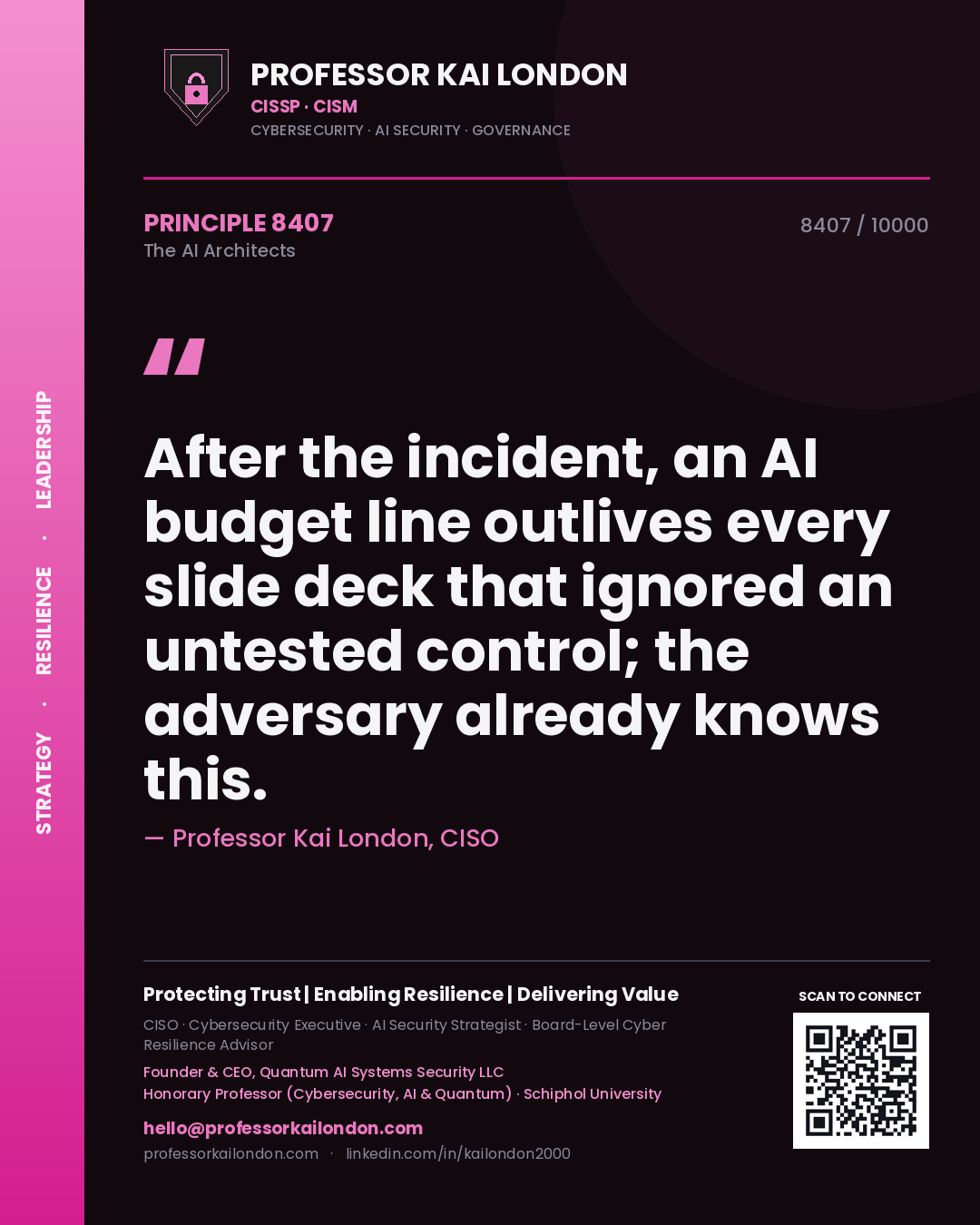 Professor Kai London principle 8407: After the incident, an AI budget line outlives every slide deck that ignored an untested control; the adversary already knows this.