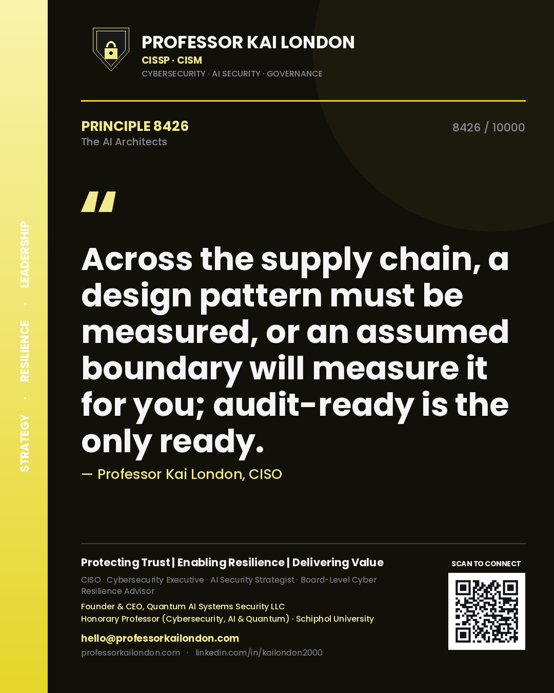 Professor Kai London principle 8426: Across the supply chain, a design pattern must be measured, or an assumed boundary will measure it for you; audit-ready is the only ready.