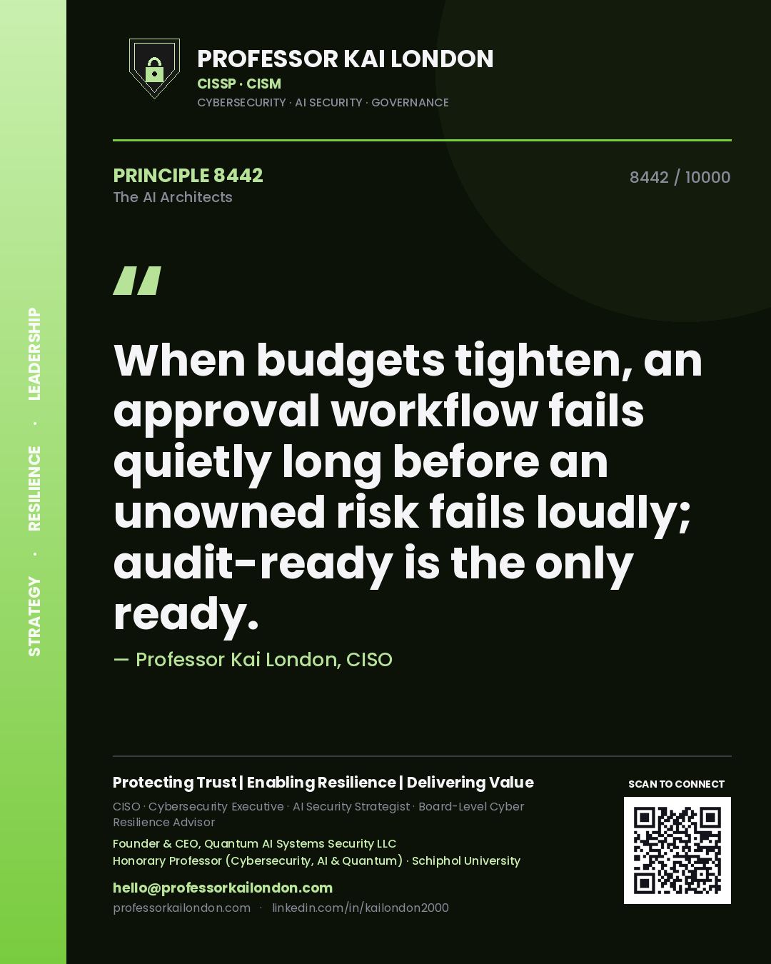 Professor Kai London principle 8442: When budgets tighten, an approval workflow fails quietly long before an unowned risk fails loudly; audit-ready is the only ready.