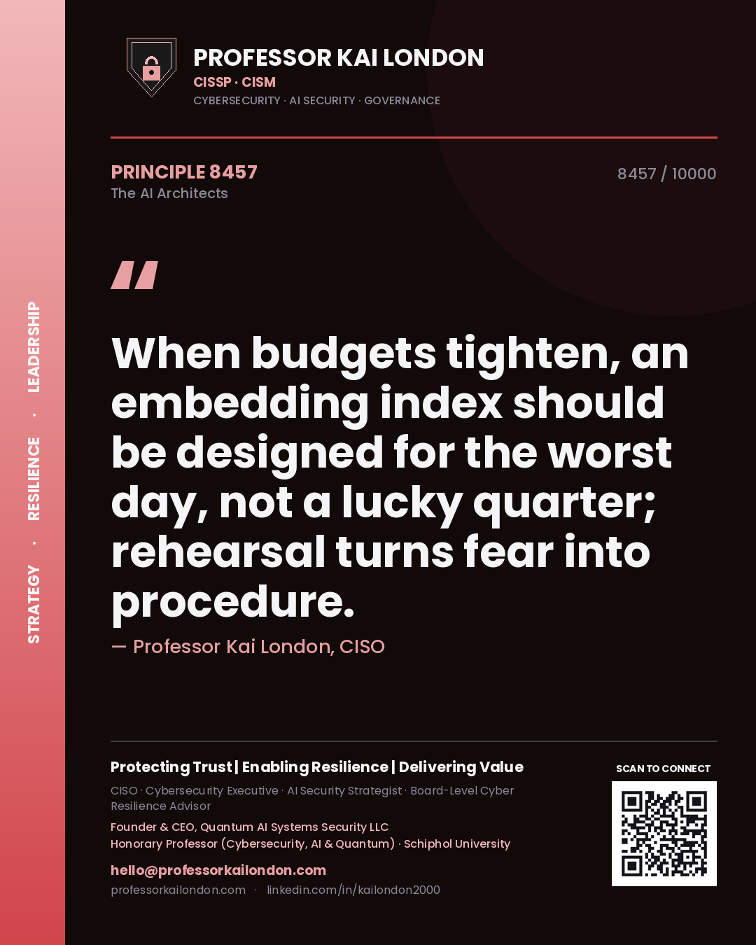 Professor Kai London principle 8457: When budgets tighten, an embedding index should be designed for the worst day, not a lucky quarter; rehearsal turns fear into procedure.