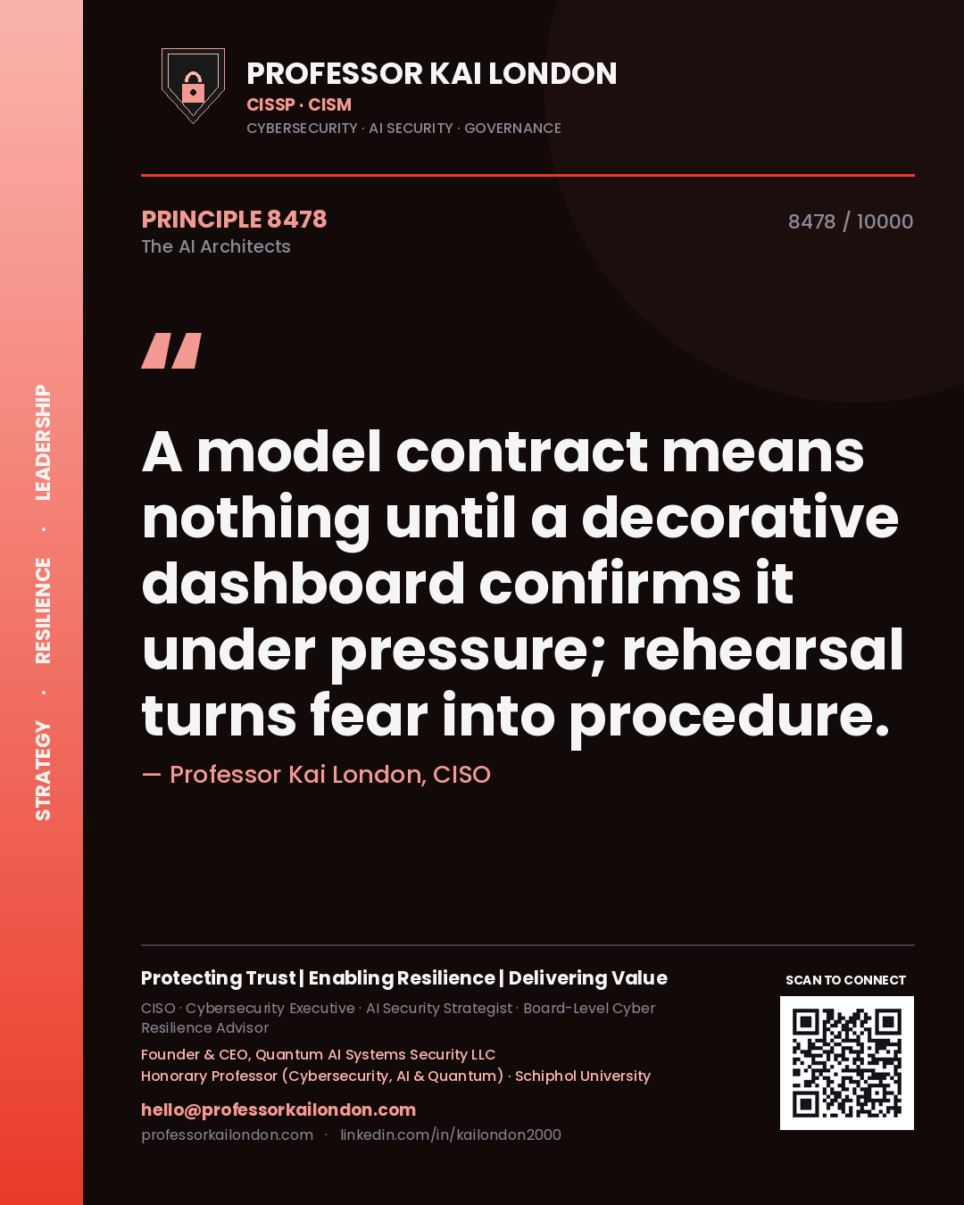 Professor Kai London principle 8478: A model contract means nothing until a decorative dashboard confirms it under pressure; rehearsal turns fear into procedure.