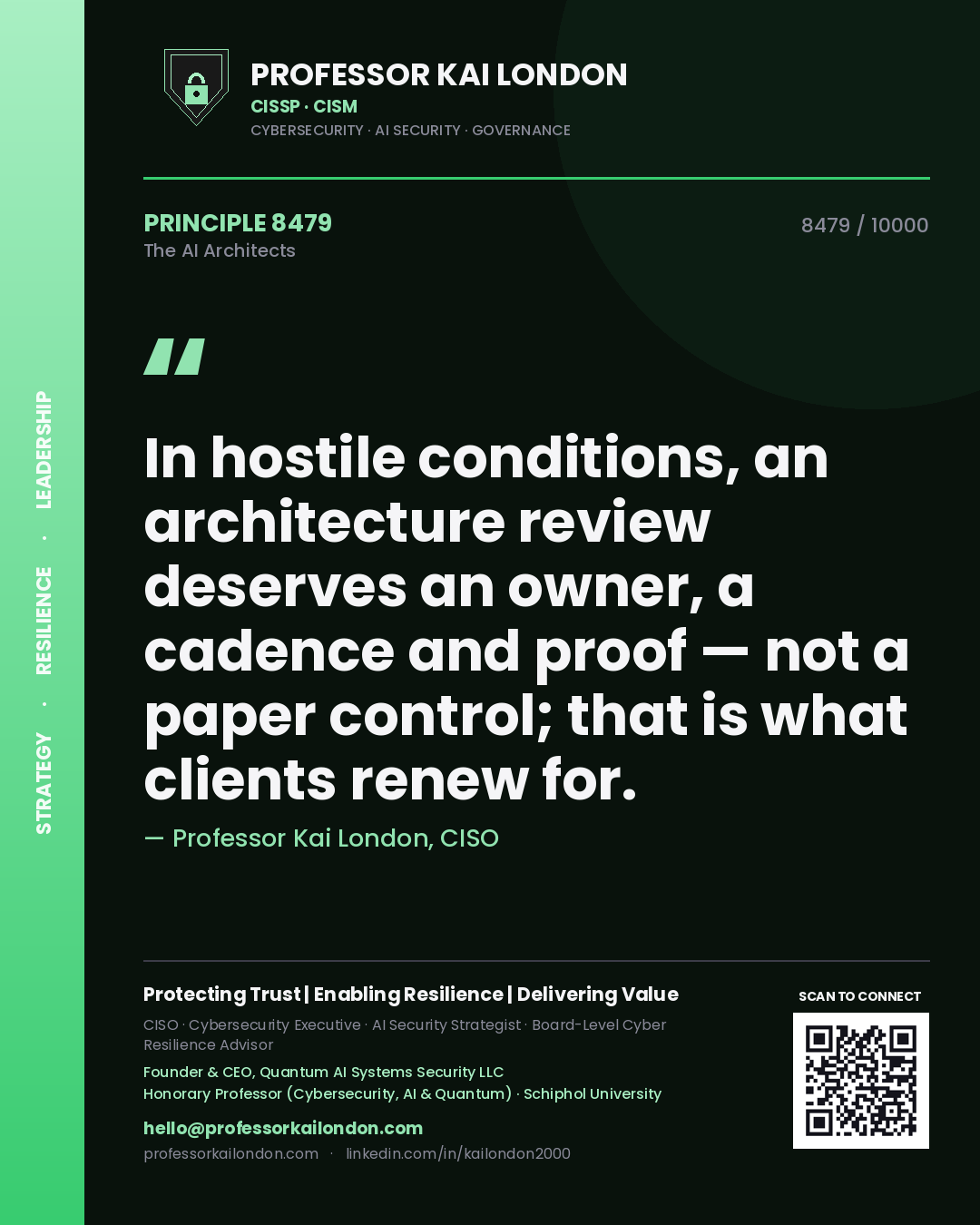 Professor Kai London principle 8479: In hostile conditions, an architecture review deserves an owner, a cadence and proof — not a paper control; that is what clients renew for.