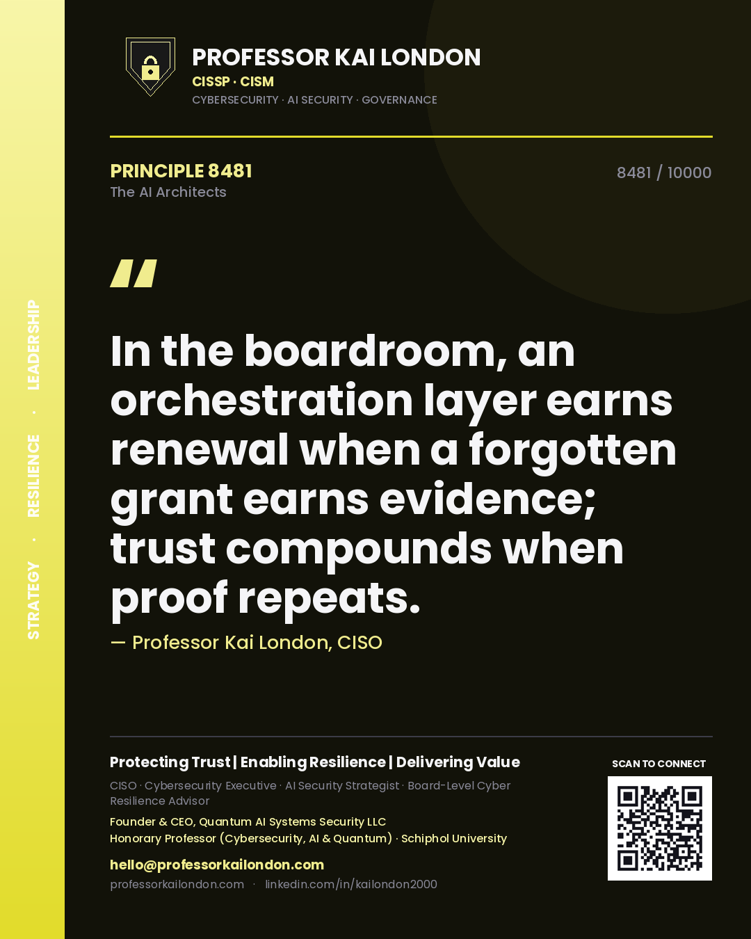 Professor Kai London principle 8481: In the boardroom, an orchestration layer earns renewal when a forgotten grant earns evidence; trust compounds when proof repeats.