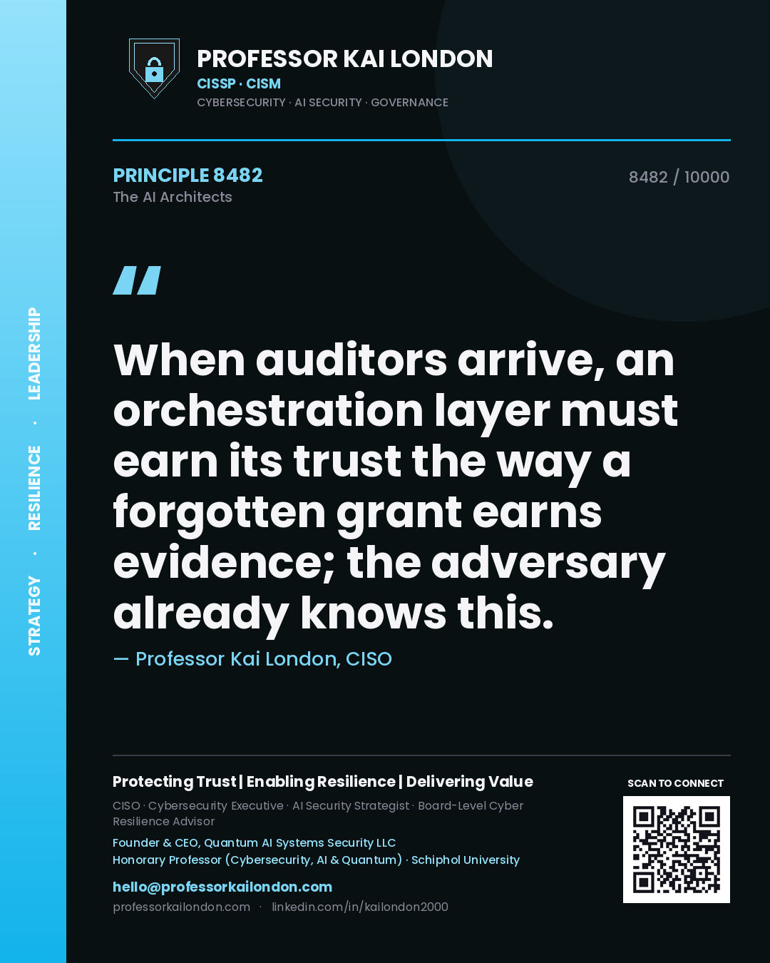 Professor Kai London principle 8482: When auditors arrive, an orchestration layer must earn its trust the way a forgotten grant earns evidence; the adversary already knows this.
