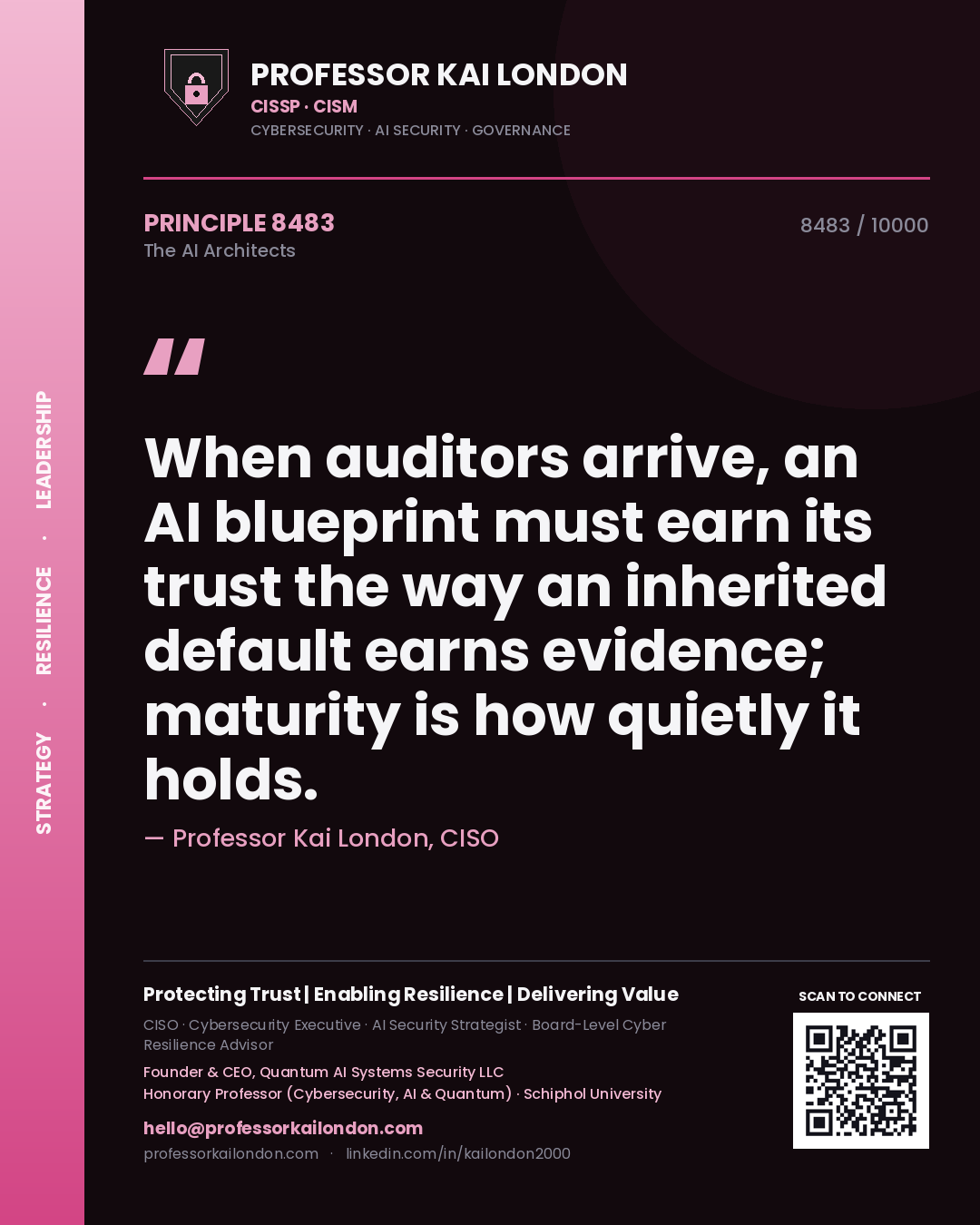 Professor Kai London principle 8483: When auditors arrive, an AI blueprint must earn its trust the way an inherited default earns evidence; maturity is how quietly it holds.