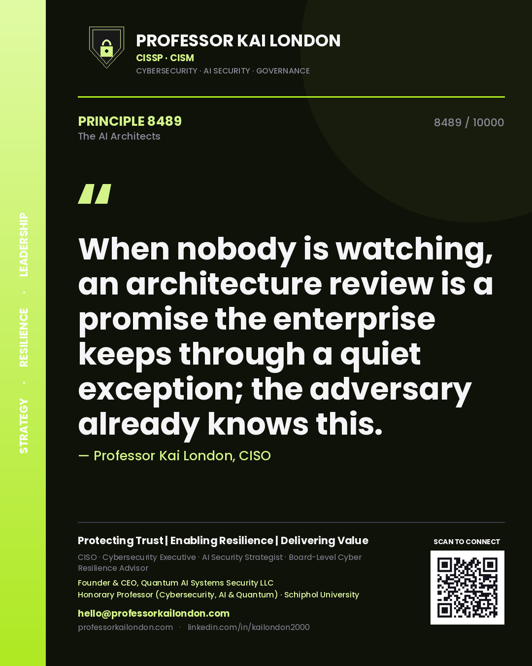 Professor Kai London principle 8489: When nobody is watching, an architecture review is a promise the enterprise keeps through a quiet exception; the adversary already knows this.