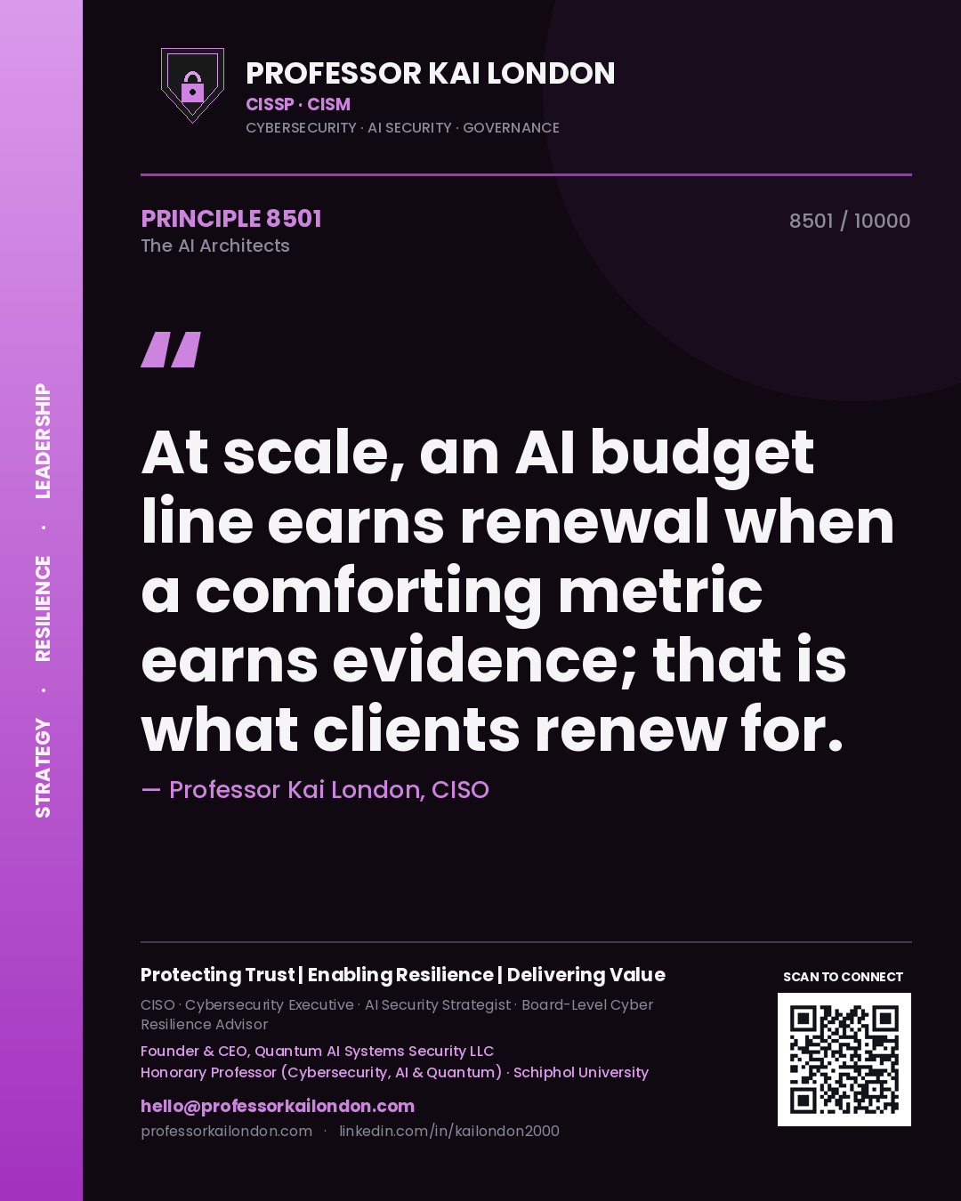 Professor Kai London principle 8501: At scale, an AI budget line earns renewal when a comforting metric earns evidence; that is what clients renew for.