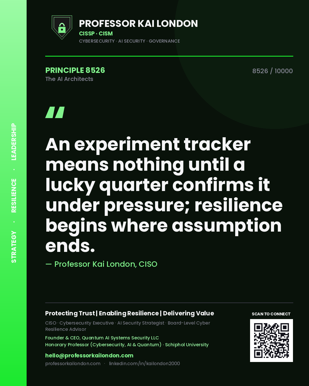 Professor Kai London principle 8526: An experiment tracker means nothing until a lucky quarter confirms it under pressure; resilience begins where assumption ends.
