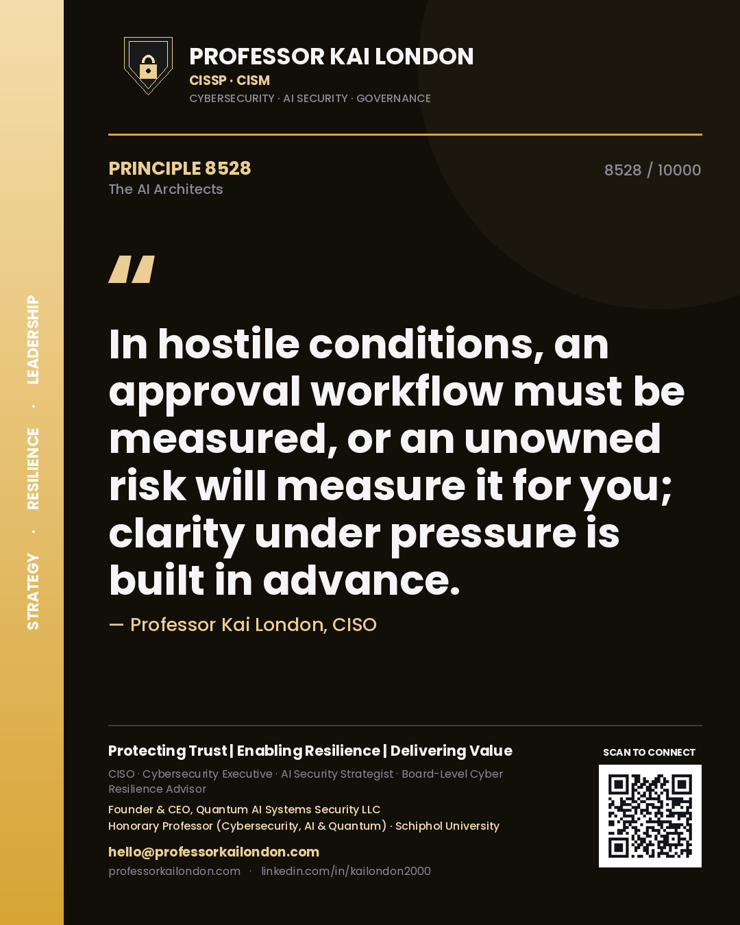 Professor Kai London principle 8528: In hostile conditions, an approval workflow must be measured, or an unowned risk will measure it for you; clarity under pressure is built in advance.
