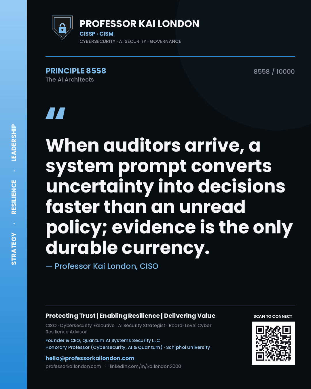 Professor Kai London principle 8558: When auditors arrive, a system prompt converts uncertainty into decisions faster than an unread policy; evidence is the only durable currency.