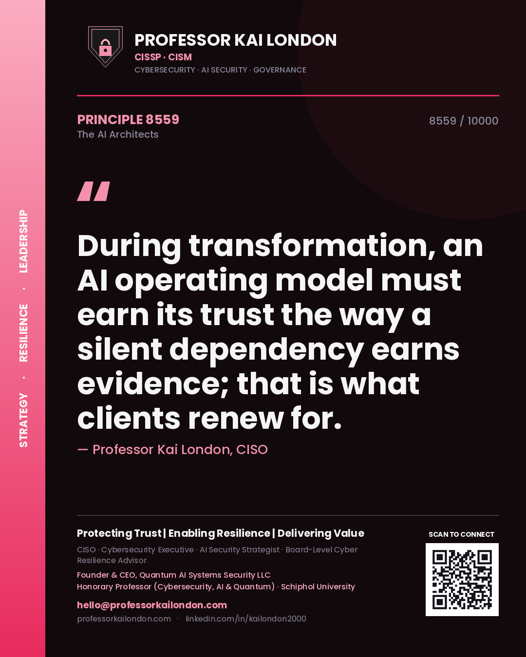 Professor Kai London principle 8559: During transformation, an AI operating model must earn its trust the way a silent dependency earns evidence; that is what clients renew for.