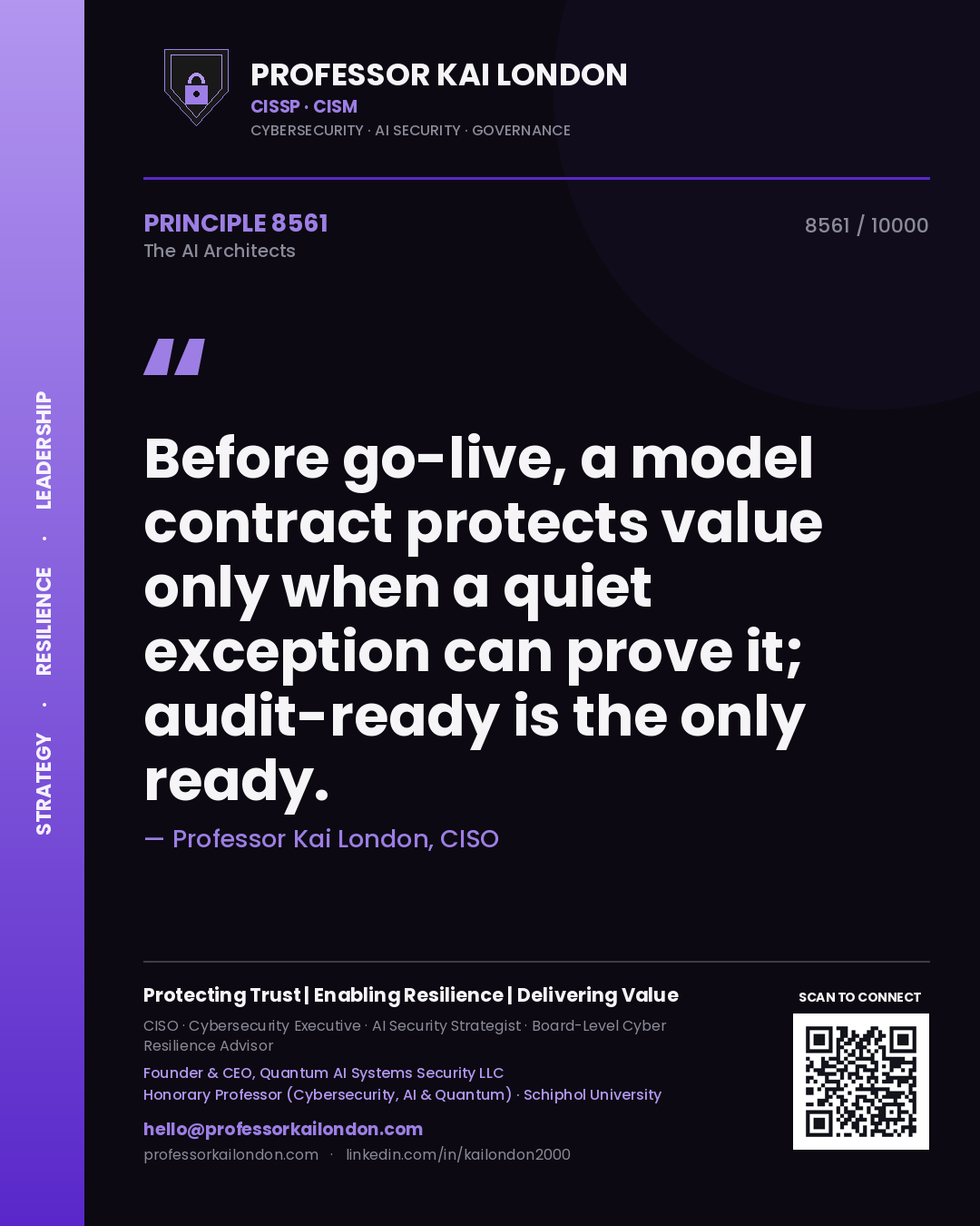 Professor Kai London principle 8561: Before go-live, a model contract protects value only when a quiet exception can prove it; audit-ready is the only ready.