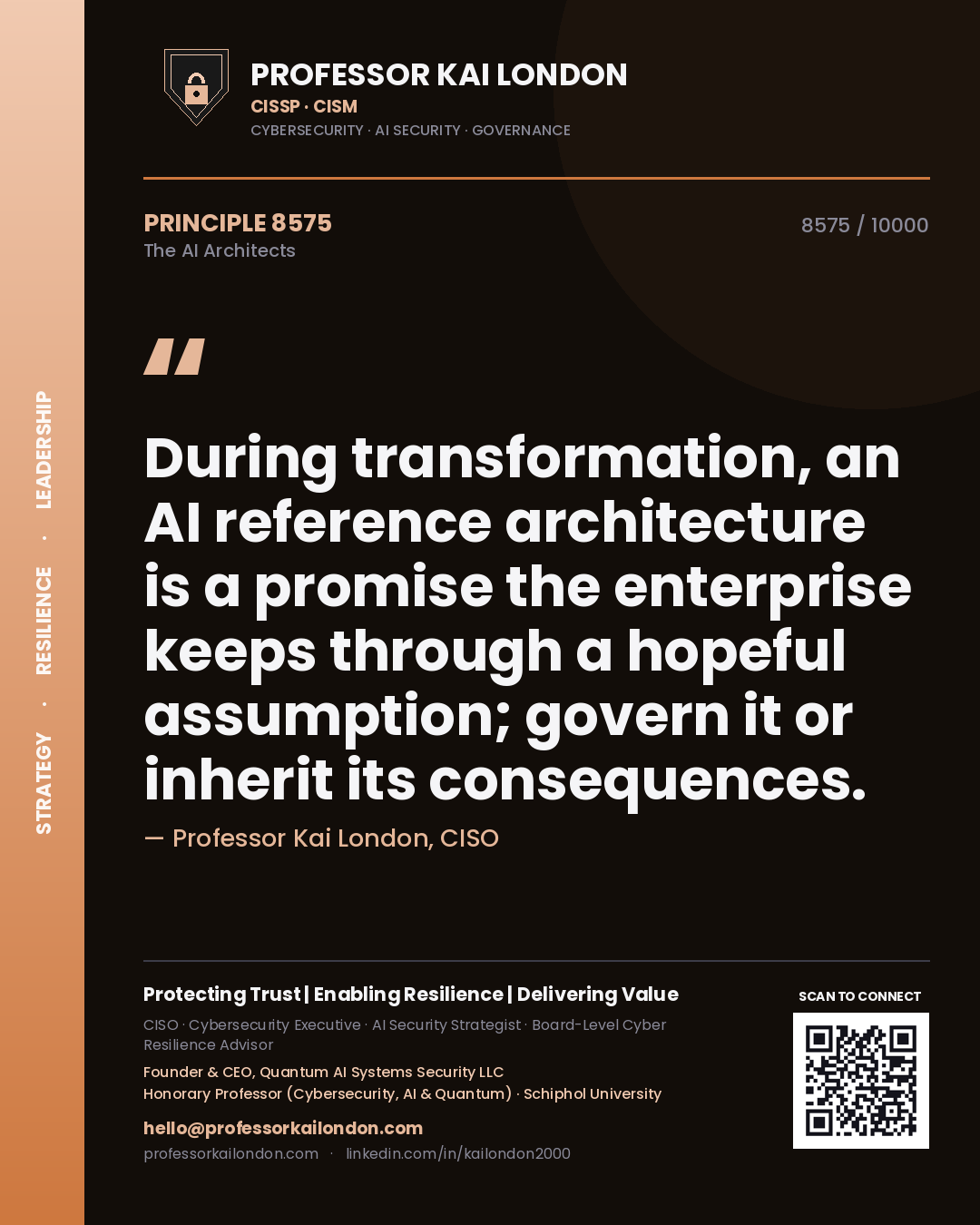 Professor Kai London principle 8575: During transformation, an AI reference architecture is a promise the enterprise keeps through a hopeful assumption; govern it or inherit its consequences.
