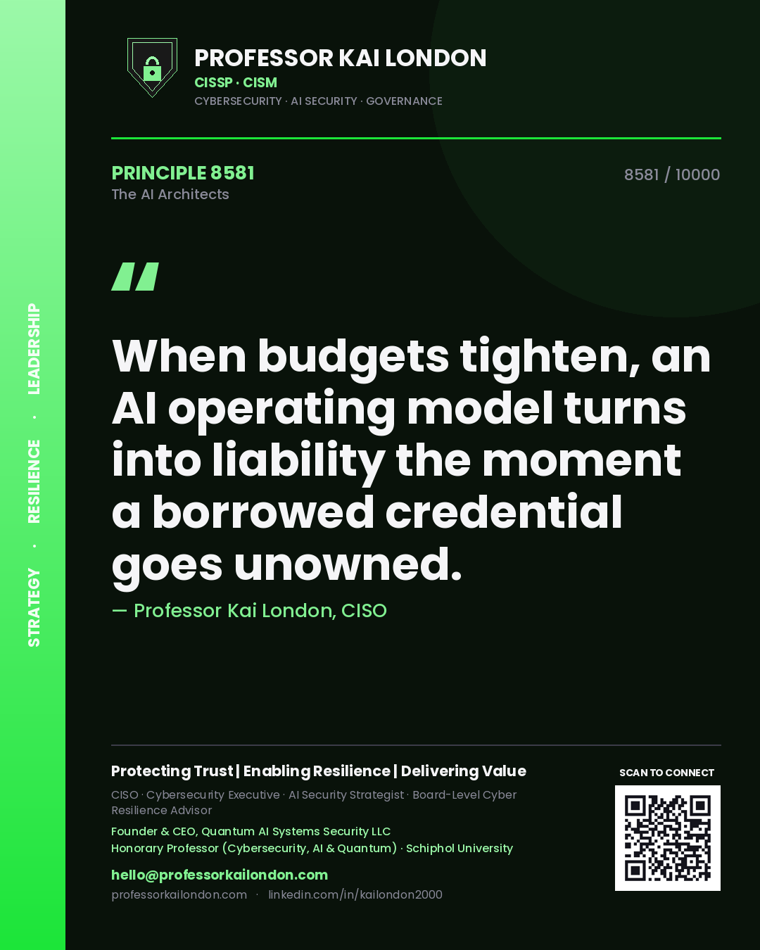 Professor Kai London principle 8581: When budgets tighten, an AI operating model turns into liability the moment a borrowed credential goes unowned.