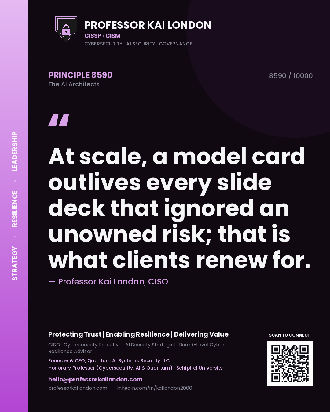 Professor Kai London principle 8590: At scale, a model card outlives every slide deck that ignored an unowned risk; that is what clients renew for.