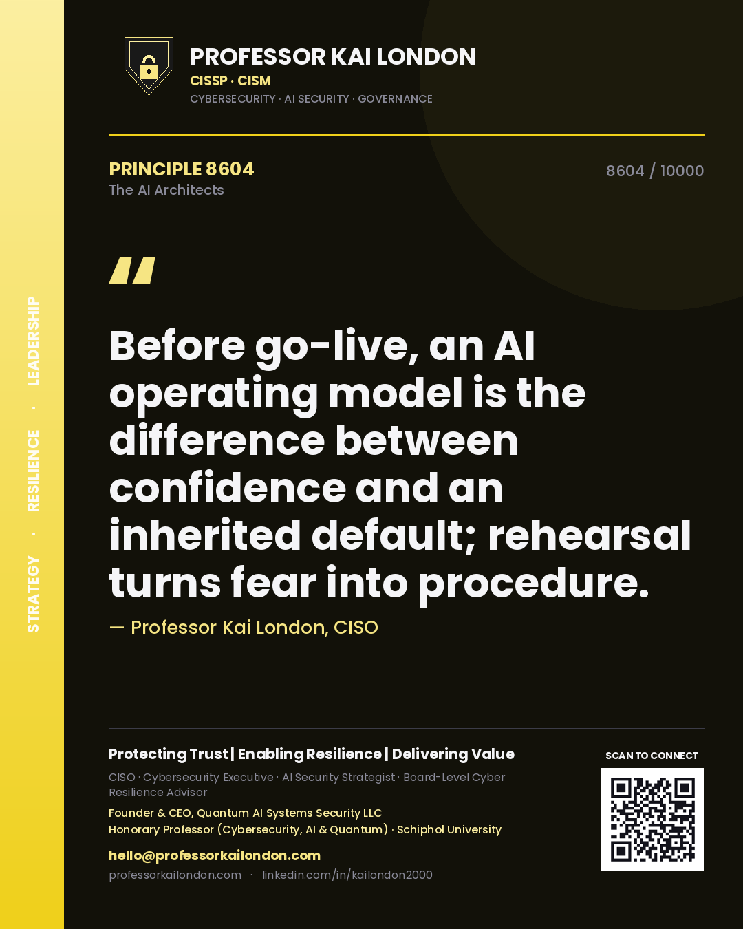 Professor Kai London principle 8604: Before go-live, an AI operating model is the difference between confidence and an inherited default; rehearsal turns fear into procedure.