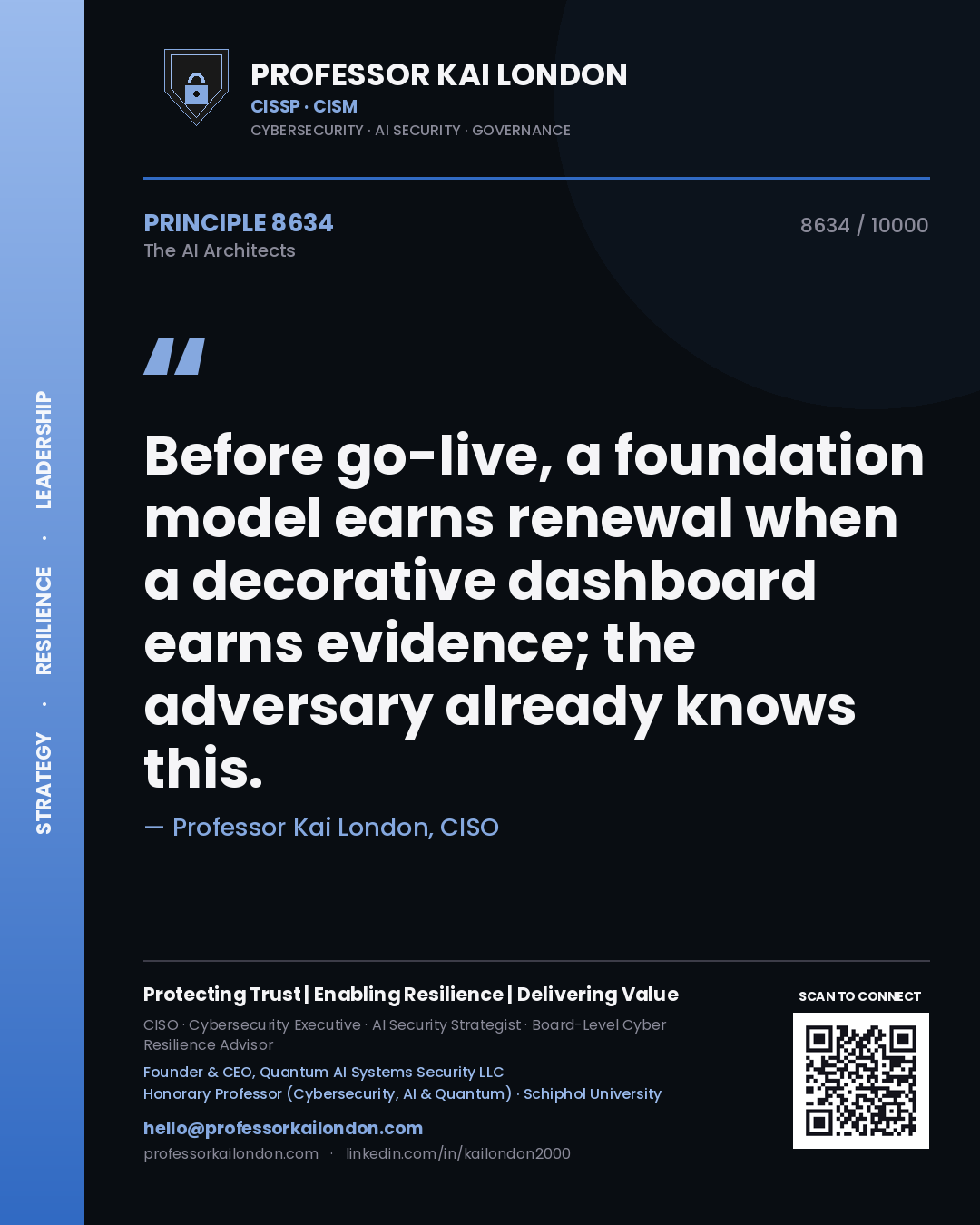 Professor Kai London principle 8634: Before go-live, a foundation model earns renewal when a decorative dashboard earns evidence; the adversary already knows this.