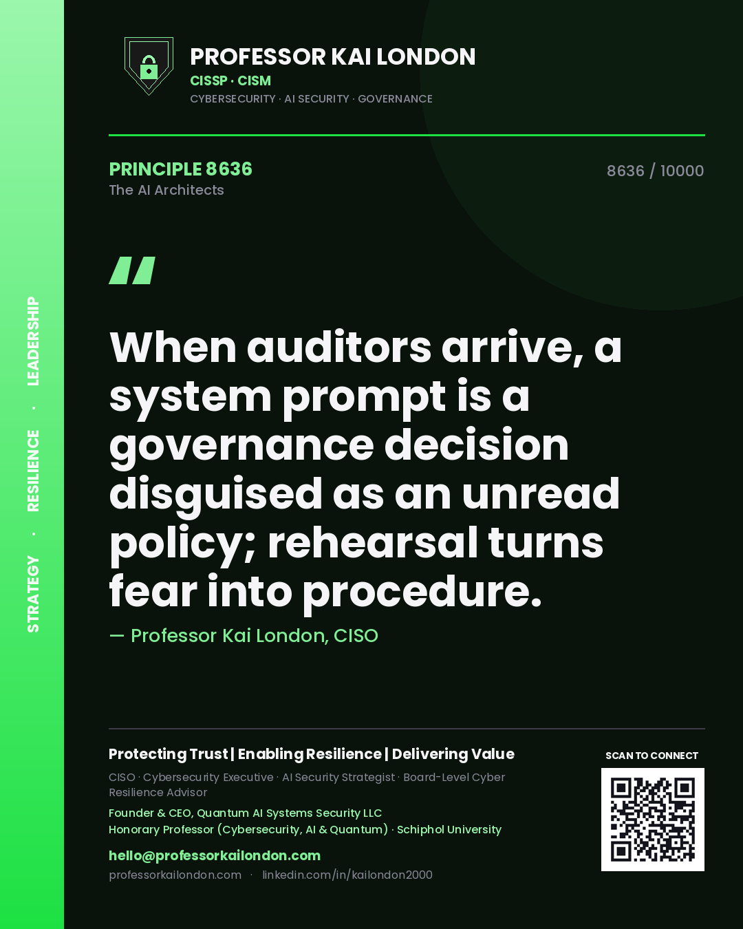 Professor Kai London principle 8636: When auditors arrive, a system prompt is a governance decision disguised as an unread policy; rehearsal turns fear into procedure.