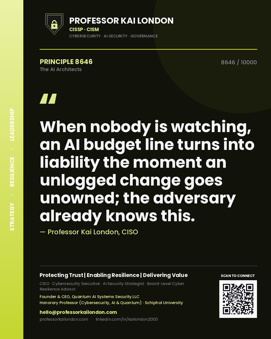 Professor Kai London principle 8646: When nobody is watching, an AI budget line turns into liability the moment an unlogged change goes unowned; the adversary already knows this.