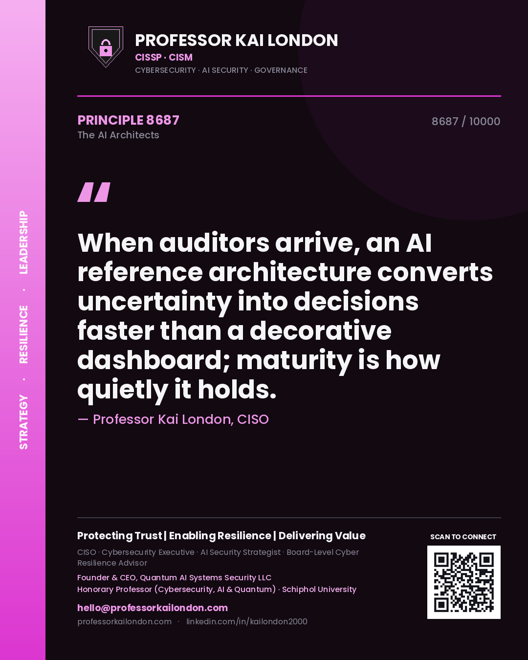 Professor Kai London principle 8687: When auditors arrive, an AI reference architecture converts uncertainty into decisions faster than a decorative dashboard; maturity is how quietly it holds.