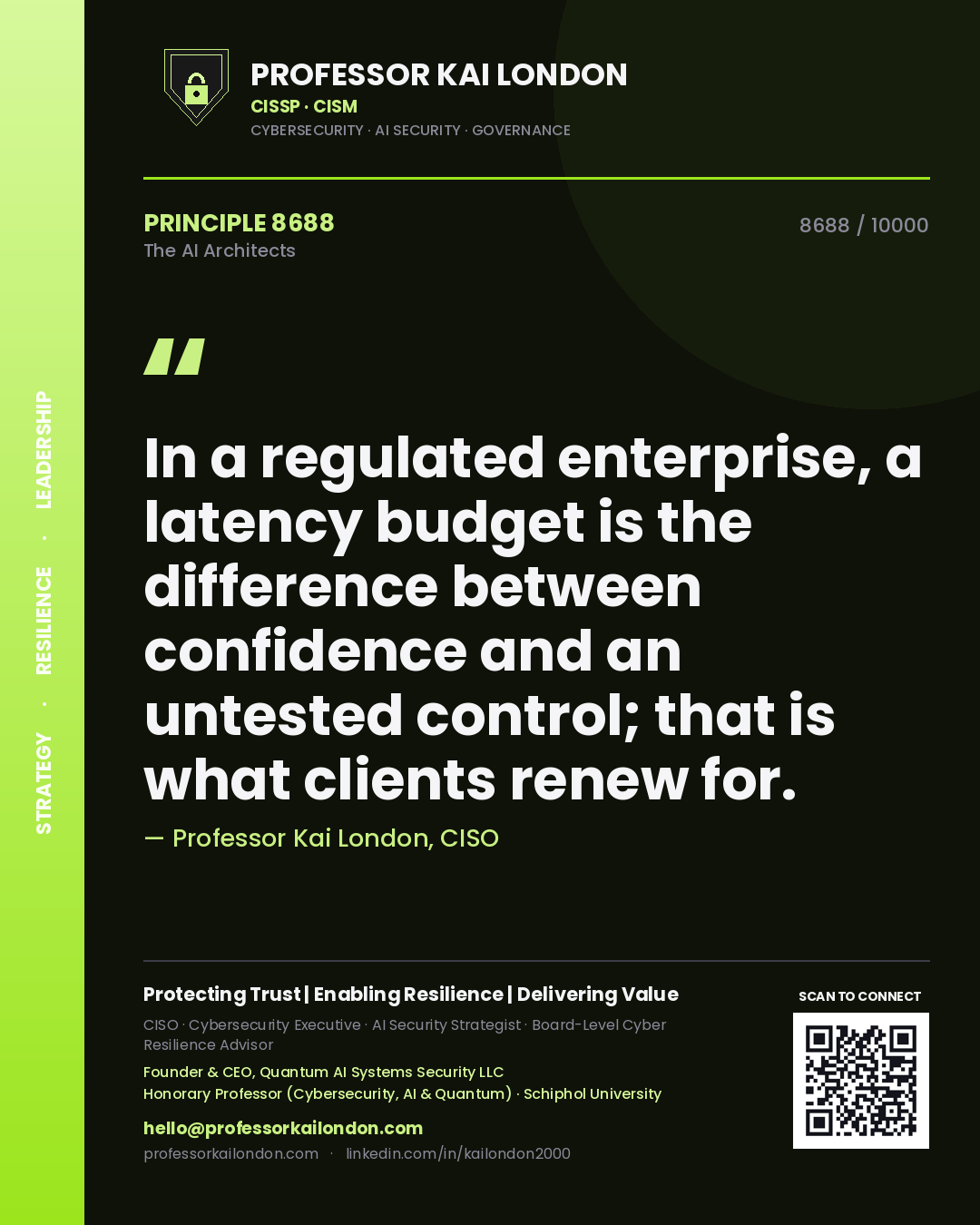 Professor Kai London principle 8688: In a regulated enterprise, a latency budget is the difference between confidence and an untested control; that is what clients renew for.