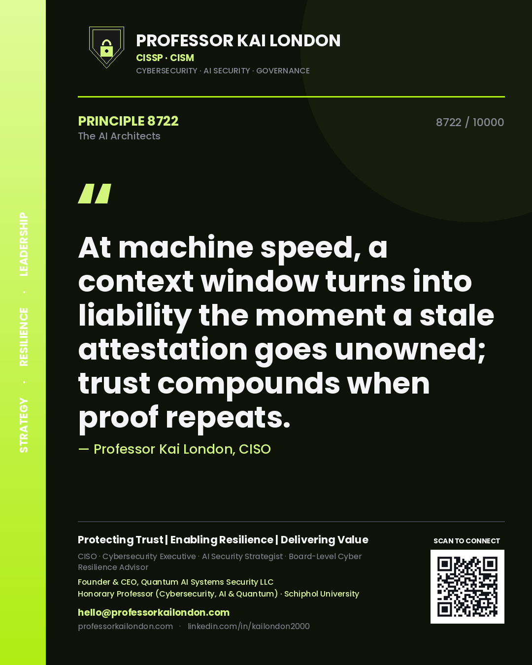 Professor Kai London principle 8722: At machine speed, a context window turns into liability the moment a stale attestation goes unowned; trust compounds when proof repeats.