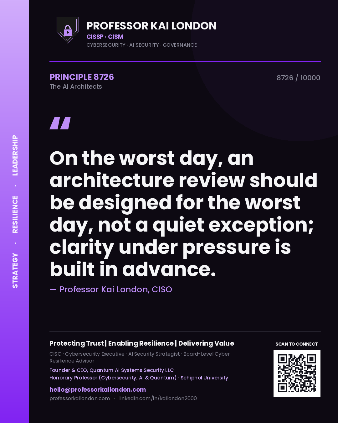 Professor Kai London principle 8726: On the worst day, an architecture review should be designed for the worst day, not a quiet exception; clarity under pressure is built in advance.
